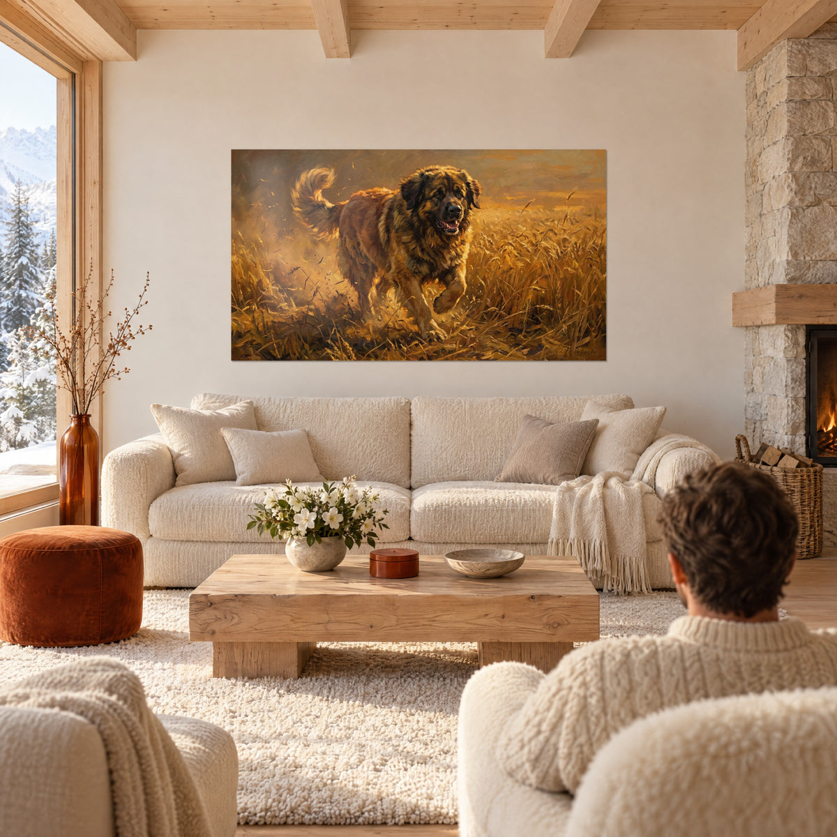 Πίνακας Leonberger με ξανθή και μαύρη γούνα που τρέχει μέσα στο χρυσό στάρι, πάνω από καναπέ σε φωτεινό σαλόνι