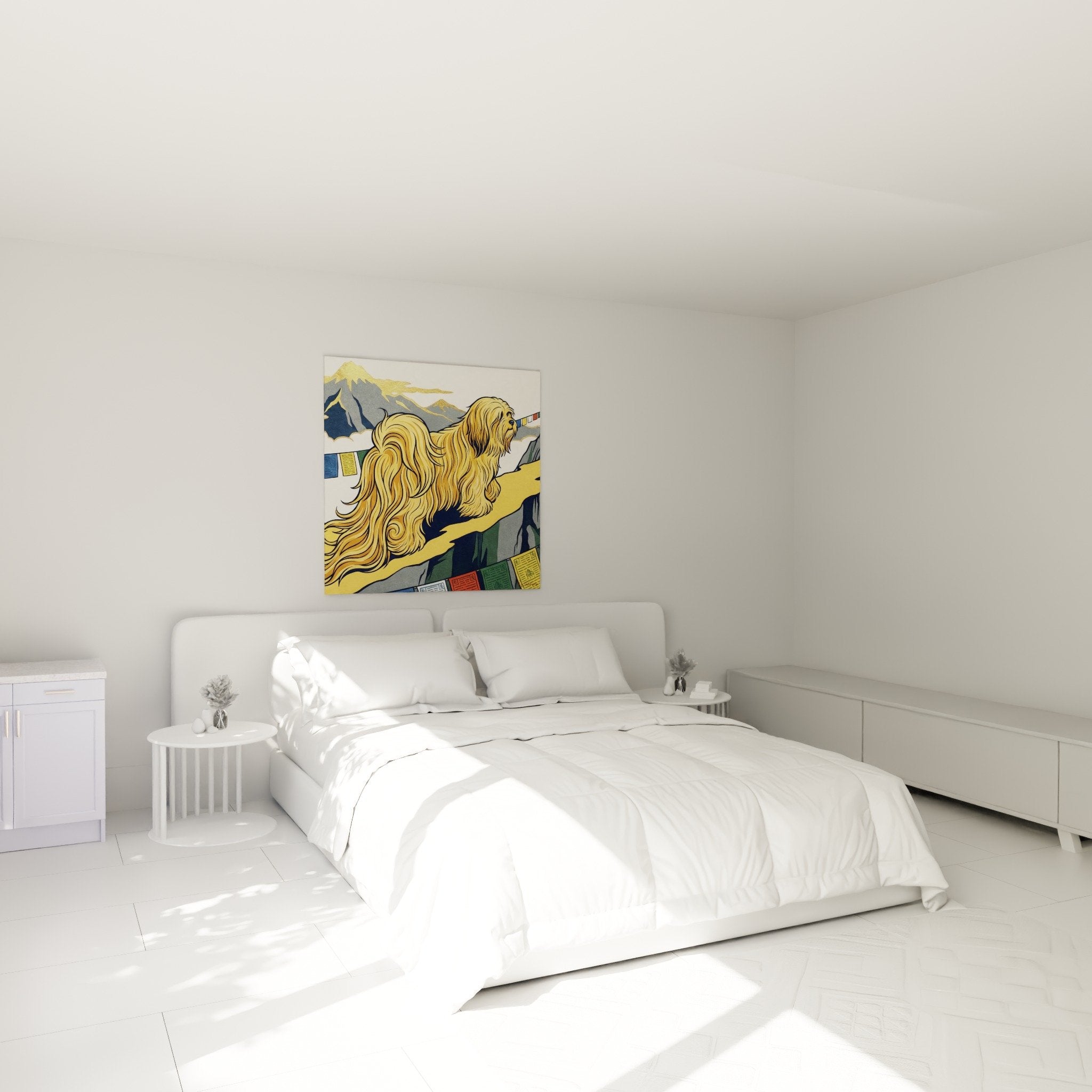 Décoration murale chambre avec Lhassa Apso doré dans paysage himalayen aux tons chaleureux apaisants