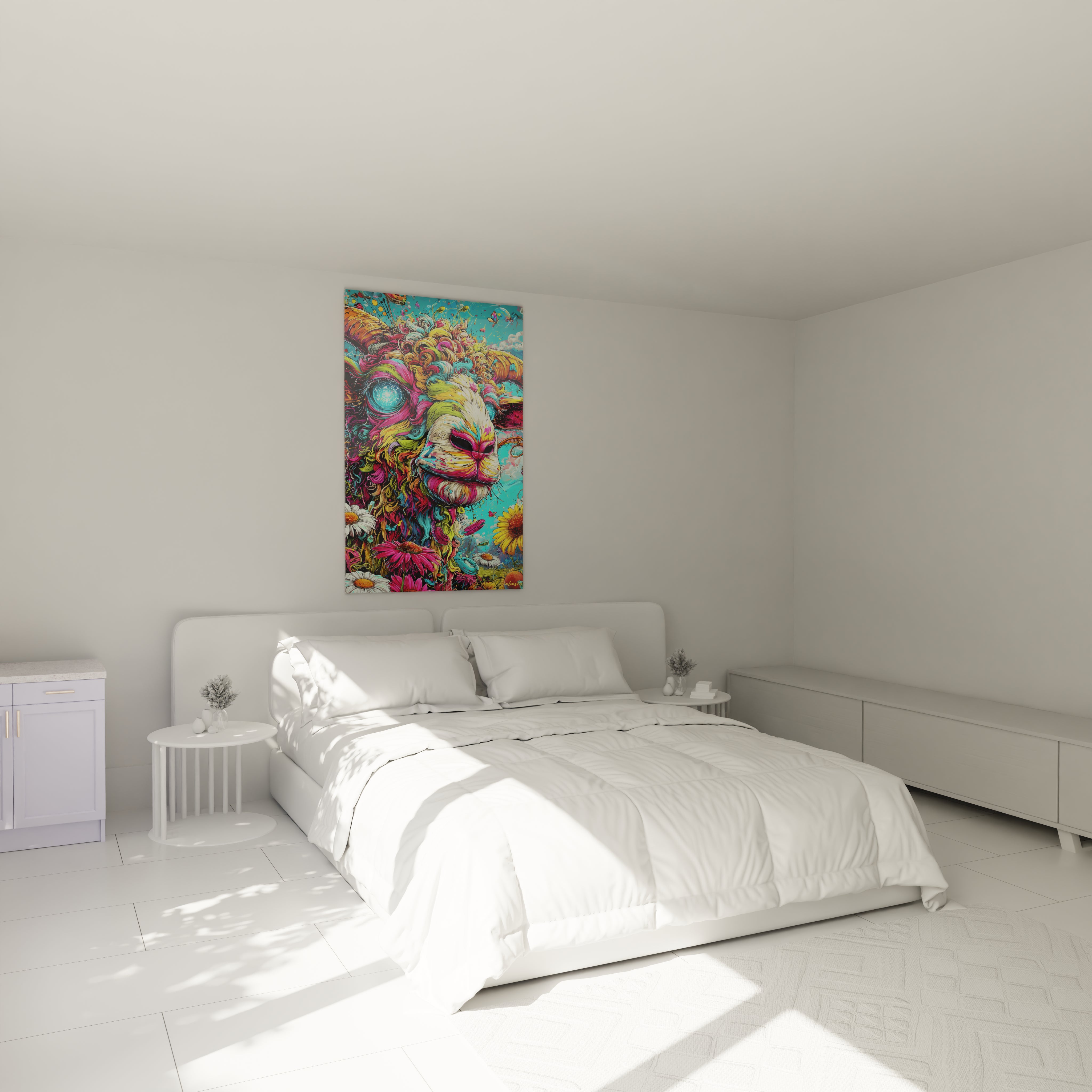 Décoration chambre avec tableau lion fantastique aux couleurs psychédéliques et fleurs colorées