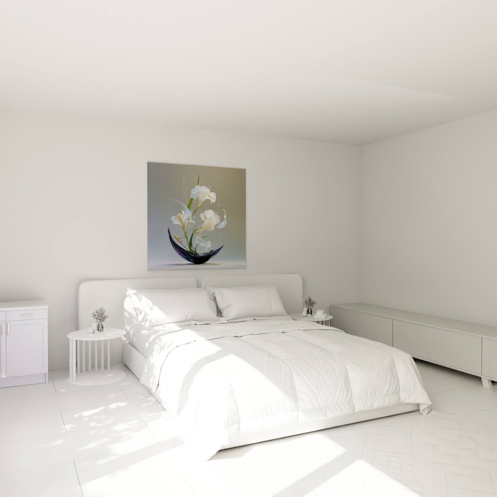Decoration chambre tableau lys blancs vase noir ambiance zen sereine mur blanc mobilier epure ikebana