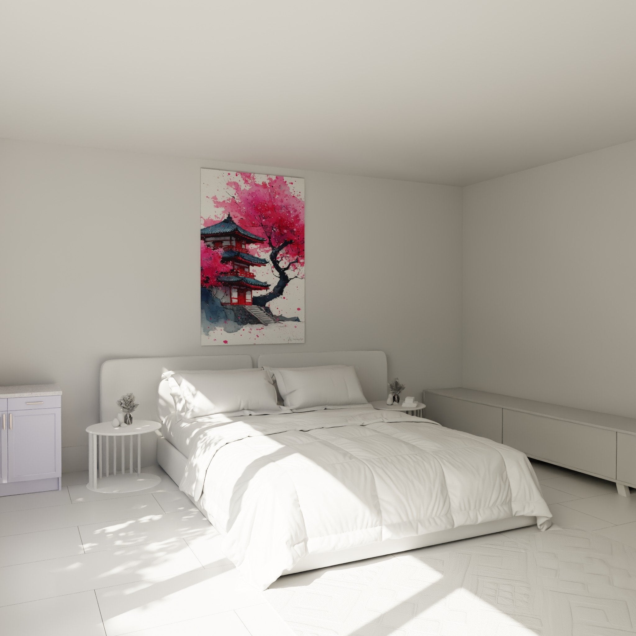 Decoration chambre tableau pagode japonaise cerisiers roses mur blanc mobilier bois naturel ambiance zen