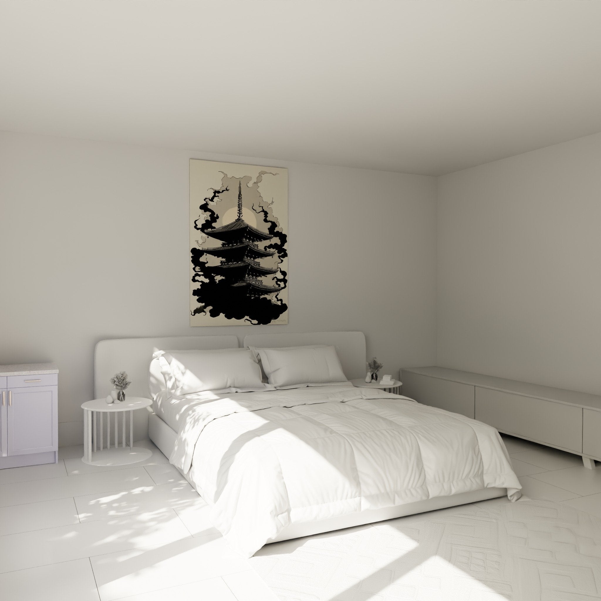 Black and beige pagoda temple wall decoration above bed for zen bedroom ambiance