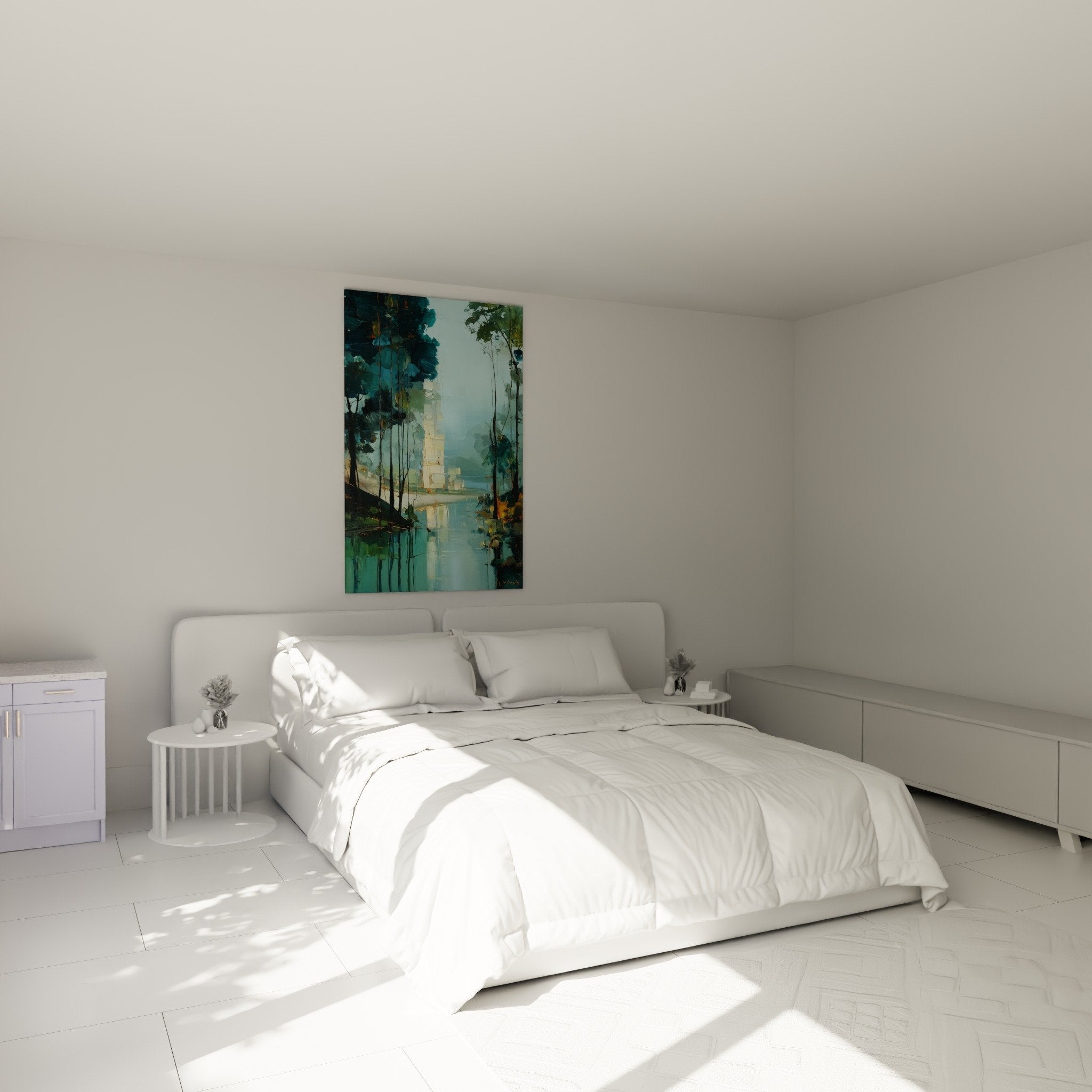 Paysage aquatique turquoise et emeraude dans chambre zen decoration feng shui est bois