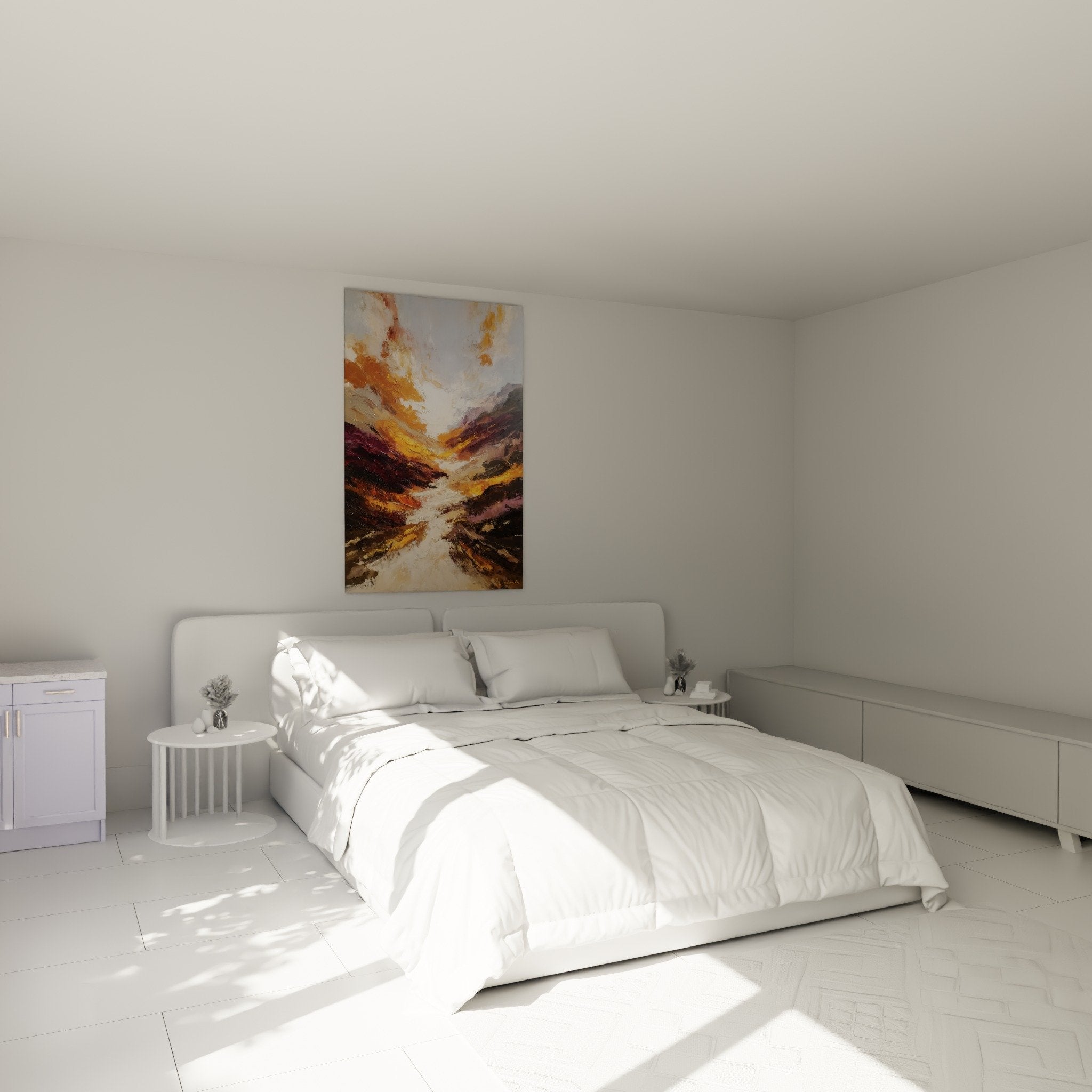 Spiritual valley artwork warm colors in modern feng shui northeast bedroom earth element