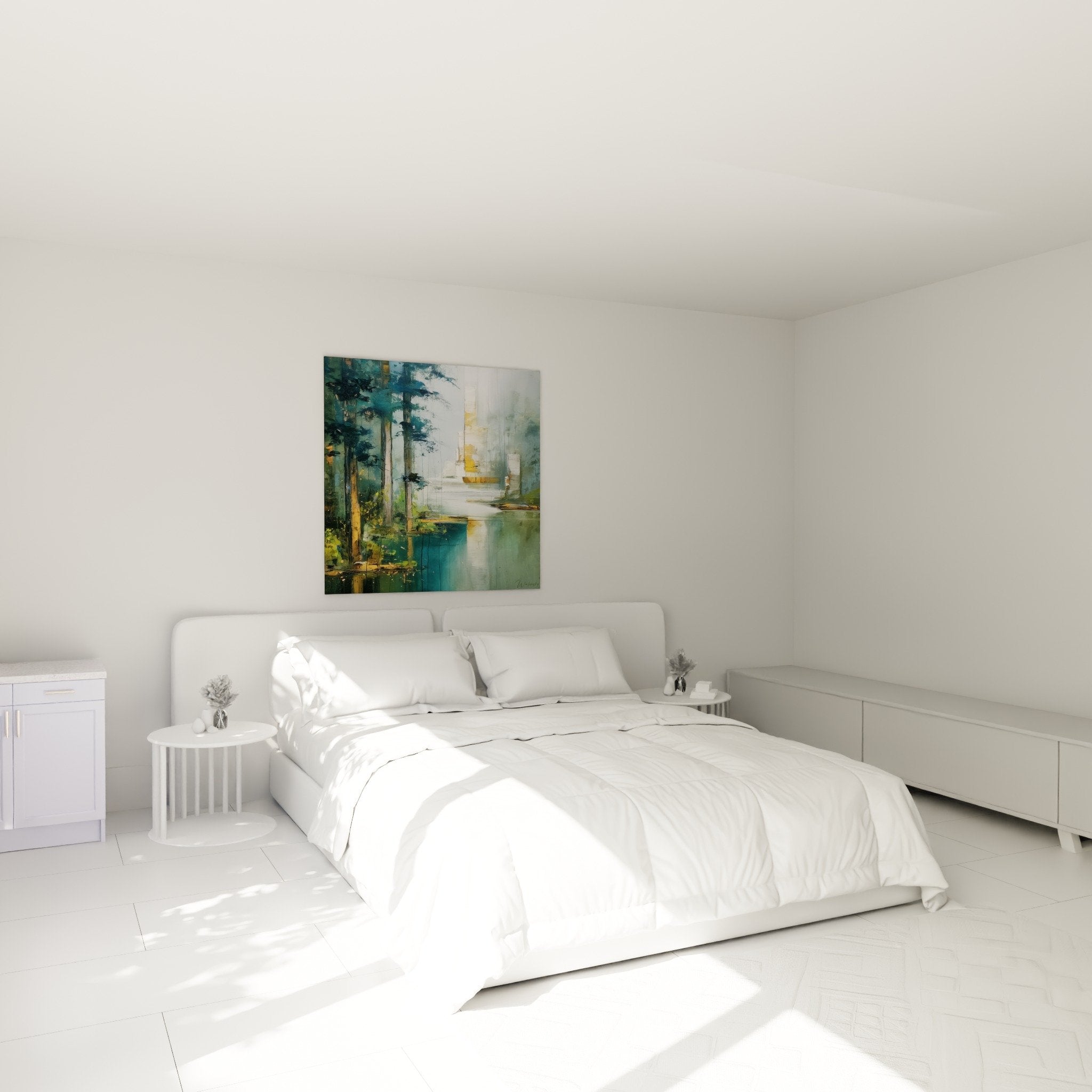 Abstrakte türkise Wanddekoration im modernen Schlafzimmer, beruhigende und natürliche Atmosphäre