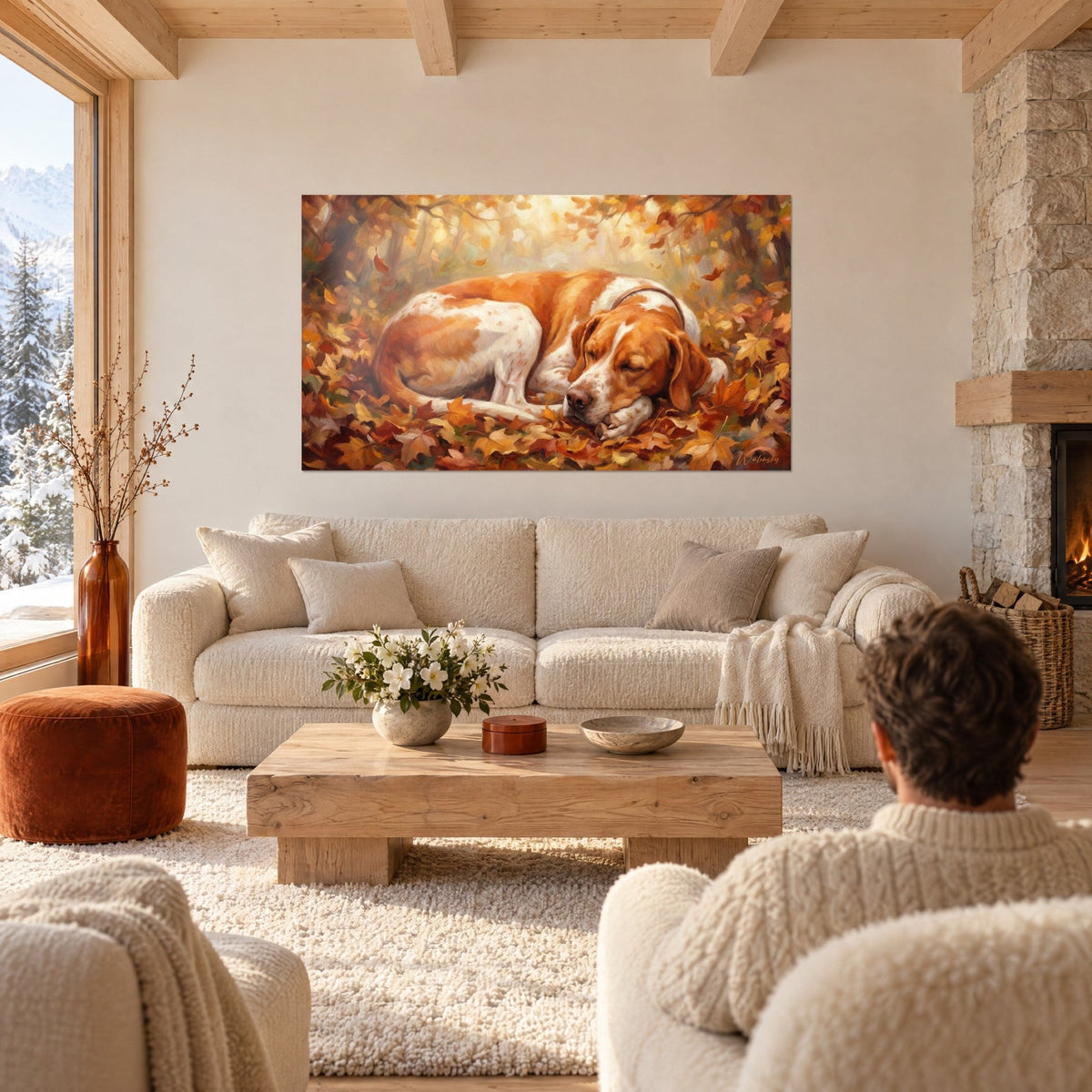 Quadro pointer inglese addormentato su un letto di foglie arancioni e ocra, pelo bianco e rossiccio, sopra un divano in un soggiorno luminoso
