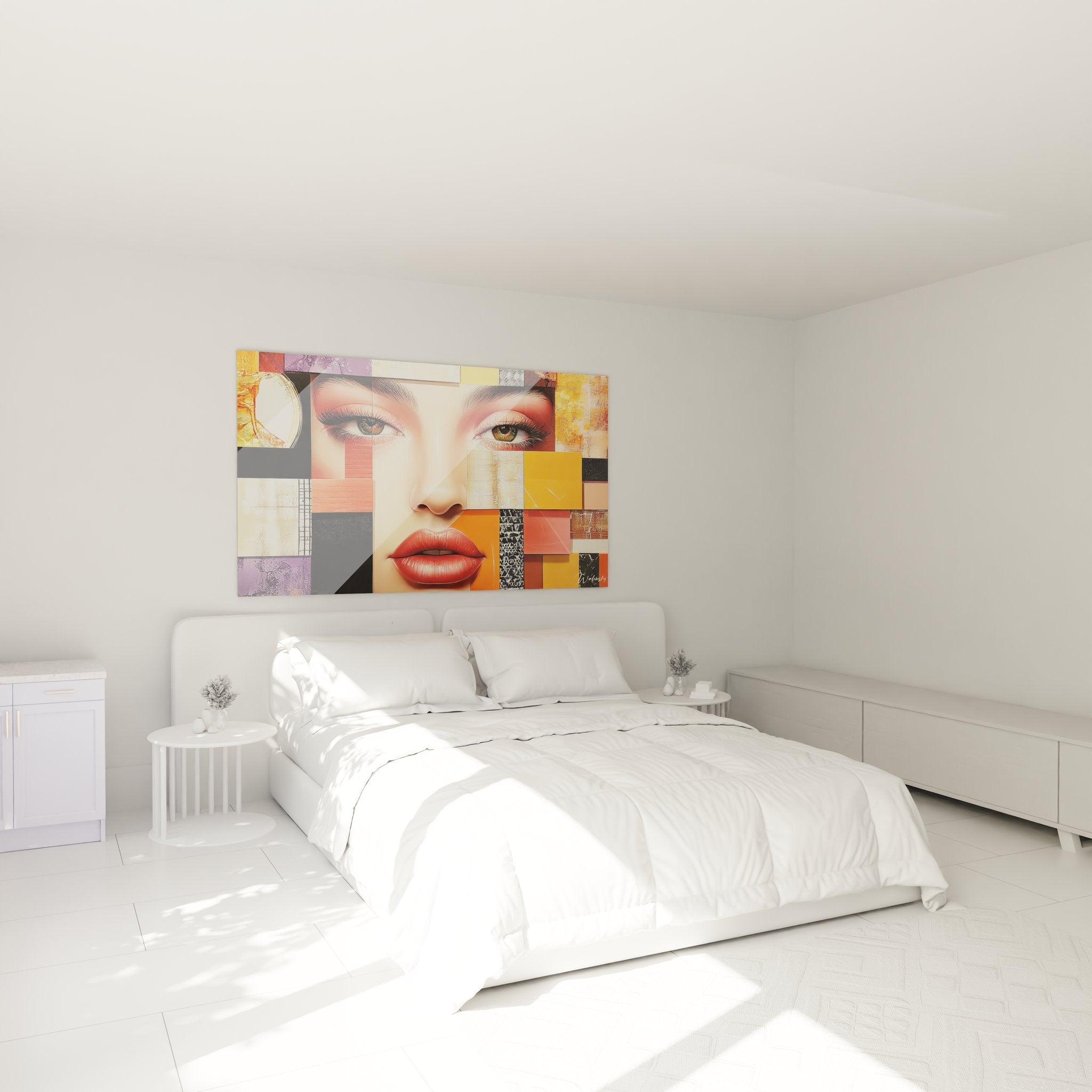 Décoration chambre tableau portrait femme style mosaïque géométrique art moderne figuratif abstrait