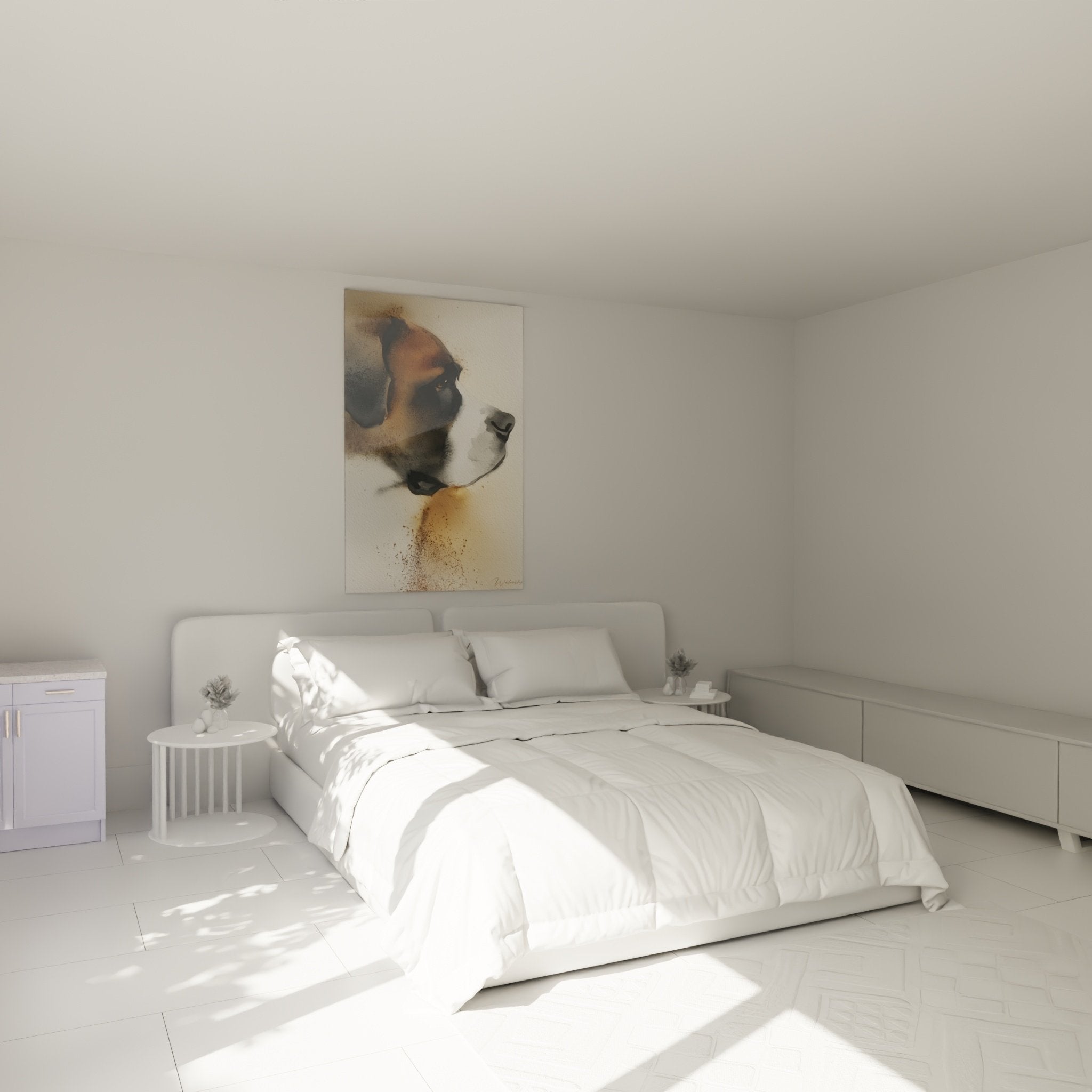 Tableau saint bernard aquarelle abstraite decoration chambre ambiance apaisante tons naturels