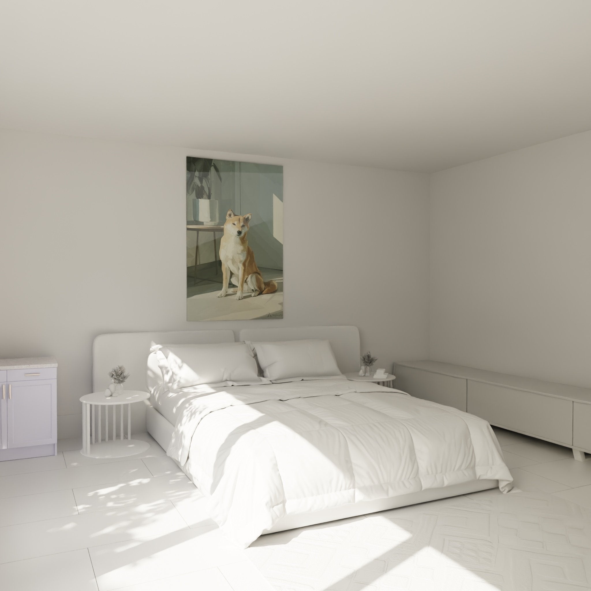 Décoration chambre tableau Shiba Inu ambiance apaisante murs verts mobilier moderne