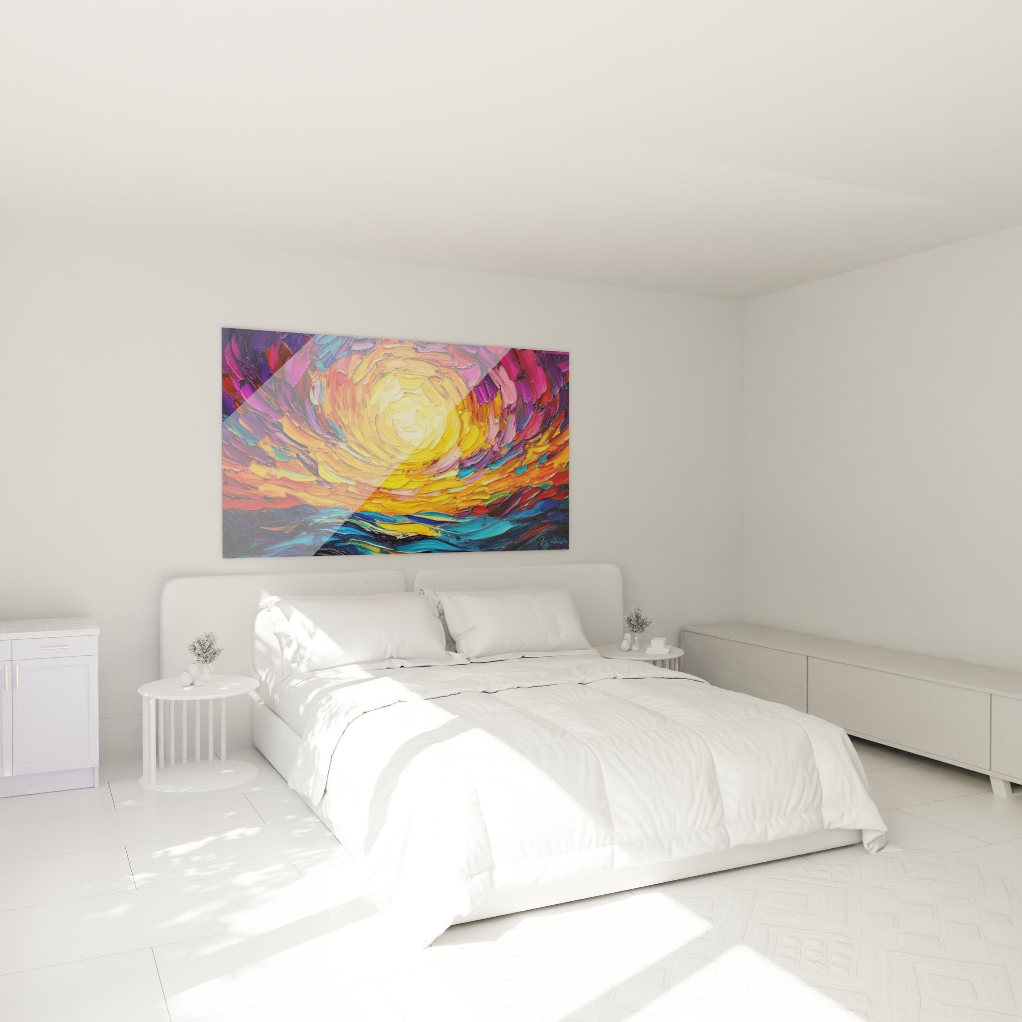 Décoration chambre tableau spirale abstrait soleil couchant ambiance chaleureuse art mural coloré