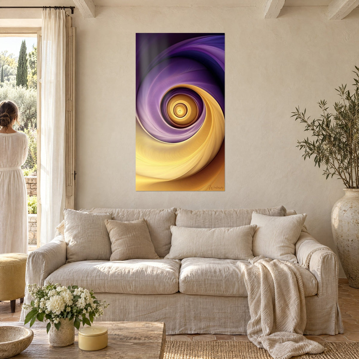 Wall art hypnotic spiral in gold and amethyst, amber heart in concentric circles, above a sofa in a bright living room