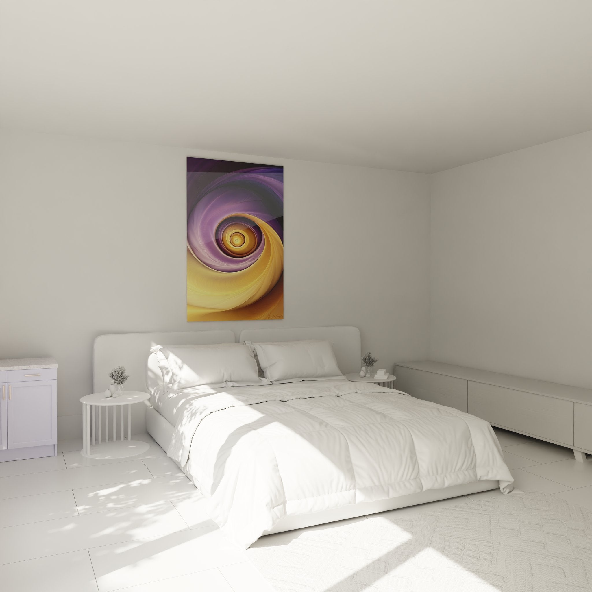 Décoration chambre avec tableau spirale dorée violette créant ambiance moderne et apaisante