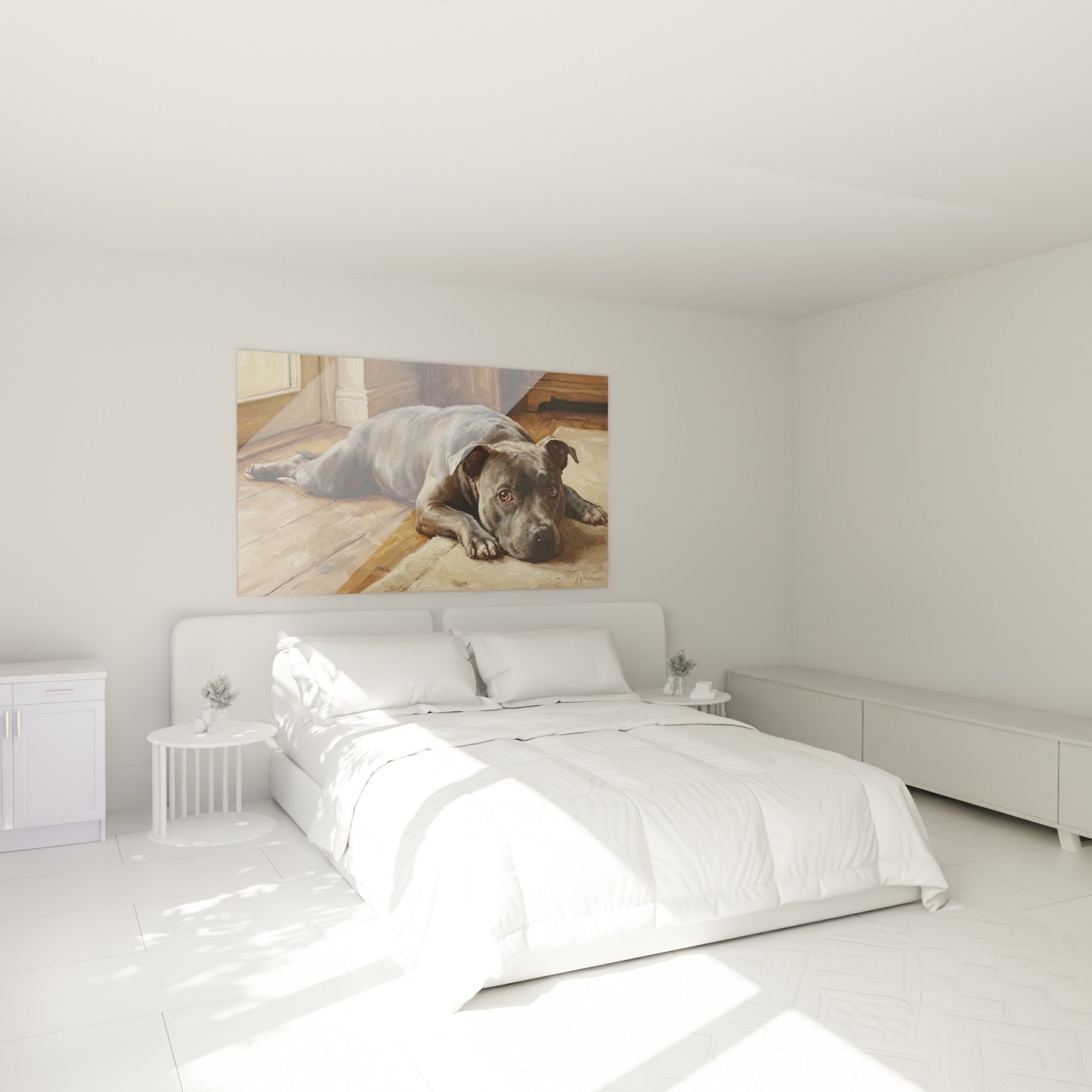 Wanddekoration Schlafzimmer mit Gemälde Hund Staffordshire Bull Terrier in Ruhe beruhigende Atmosphäre natürliche Töne