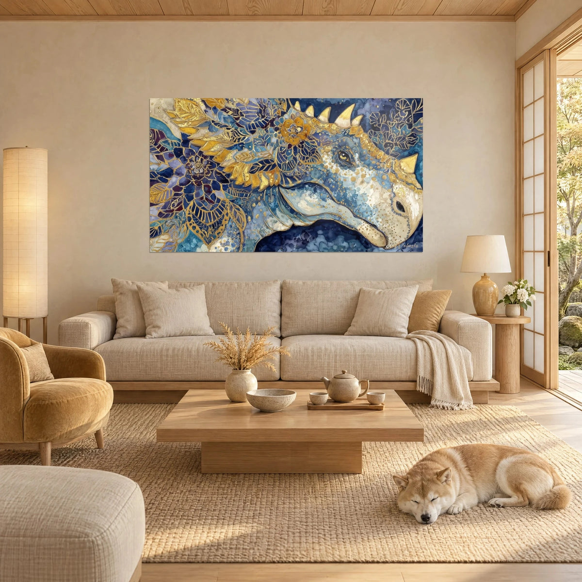 Wall art armored dinosaur in blue and gold watercolor, head adorned with flowers, sleeping shiba, above a sofa in a bright living room