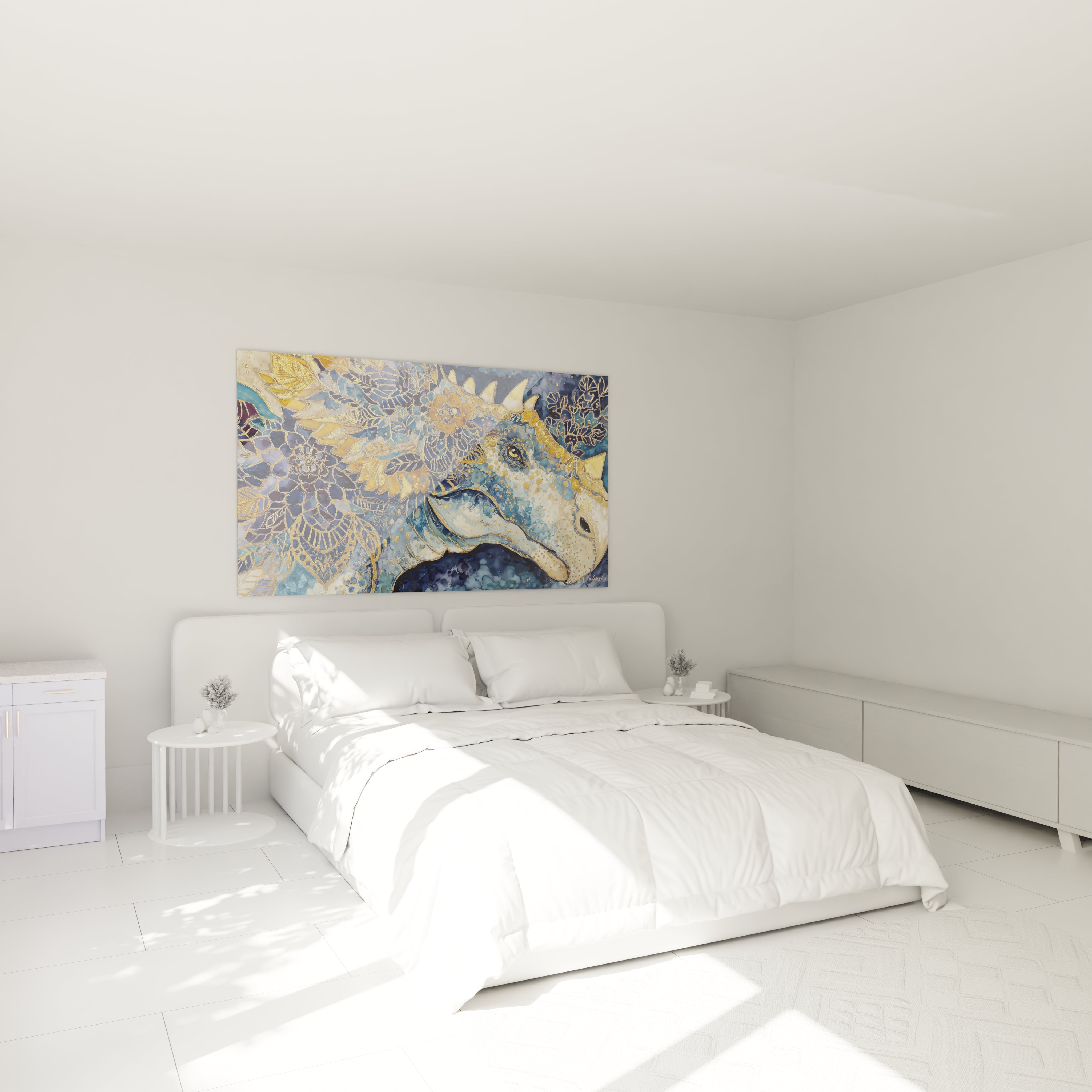 Décoration chambre tableau stégosaure doré ambiance cosy art mural dinosaure design intérieur
