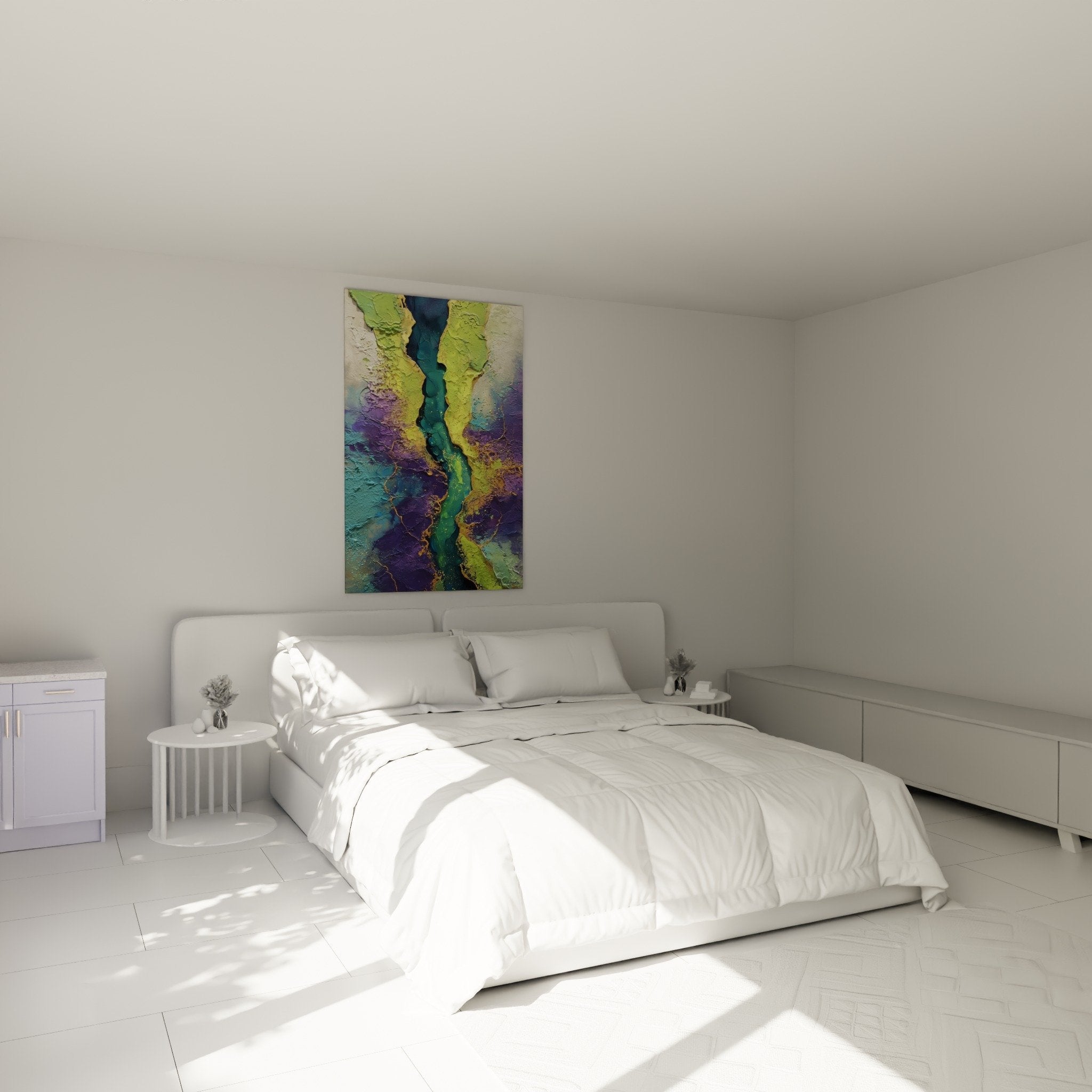 decoration murale chambre tableau abstrait couleurs apaisantes vert turquoise violet feng shui harmonie