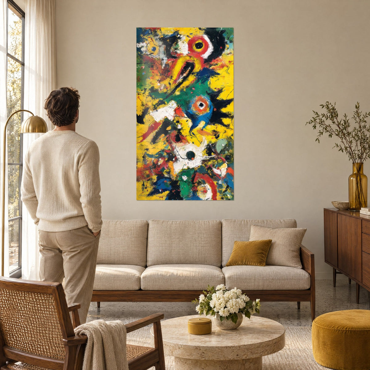 Tableau composition abstraite aux yeux rouges et bleus sur fond jaune vif, homme de dos, au-dessus d'un canapé dans un salon lumineux