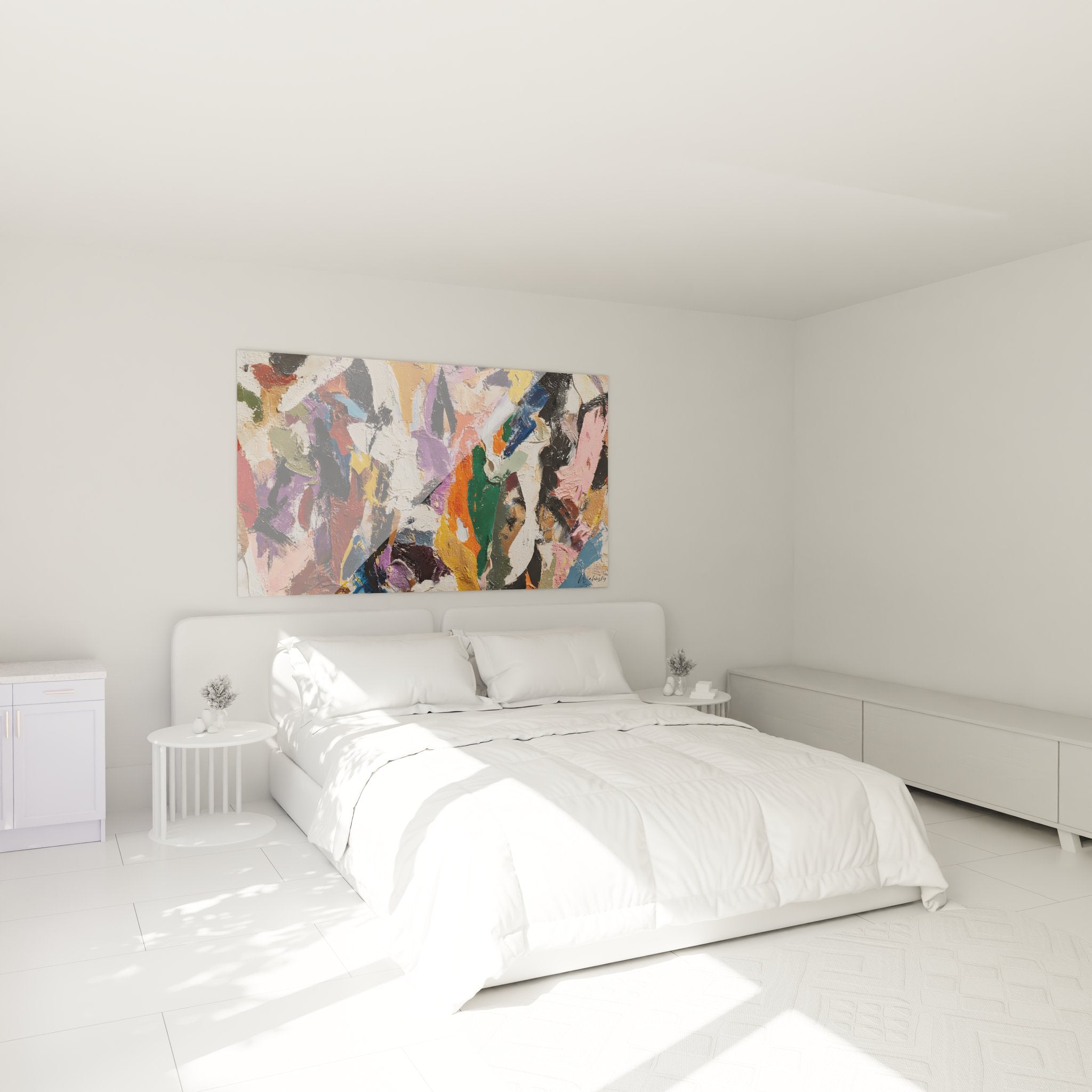Décoration chambre avec tableau abstrait moderne aux couleurs vives créant ambiance contemporaine