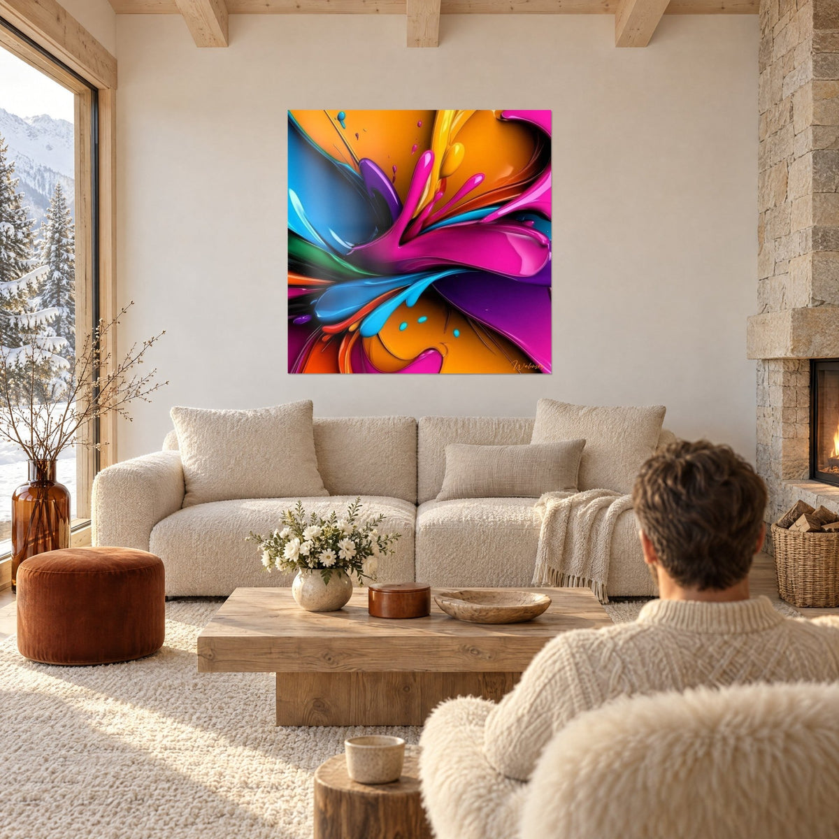Cuadro con salpicaduras de pintura líquida fucsia y naranja, coladas azul turquesa, encima de un sofá en un salón luminoso