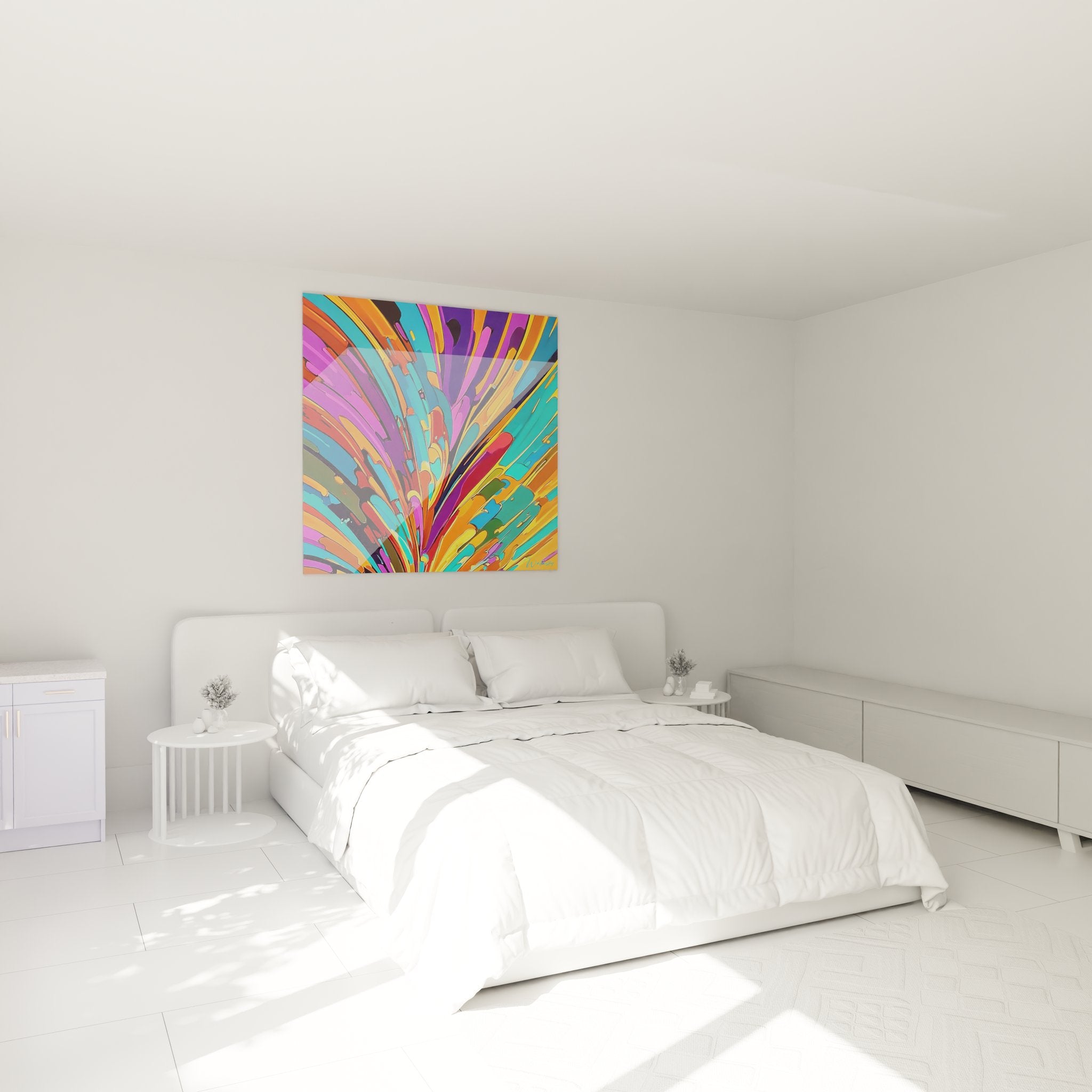 Décoration chambre avec tableau mural abstrait explosion de couleurs vives moderne