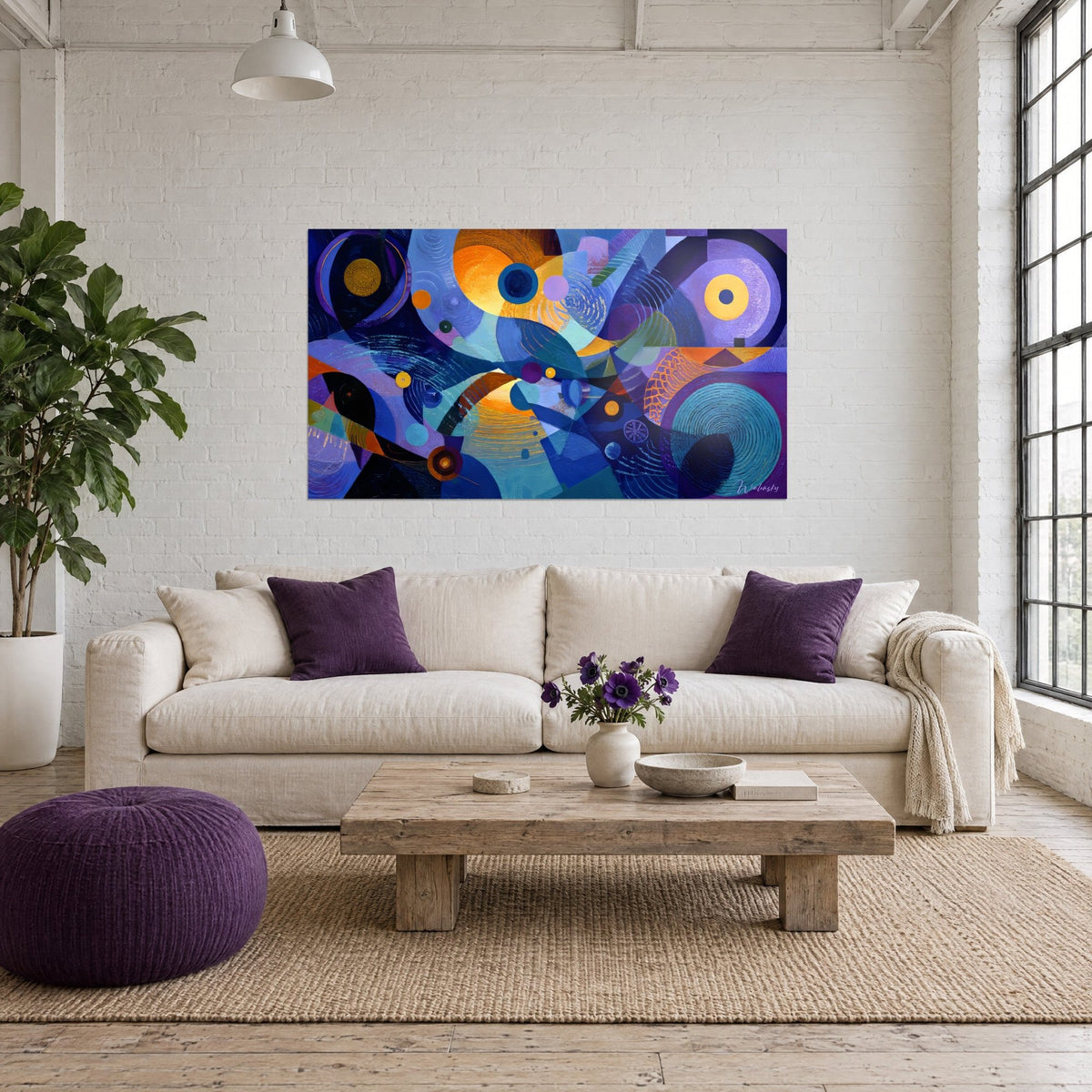 Wall art with intertwined golden and blue circles, purple cosmic symphony on a white brick wall, above a sofa in a bright living room