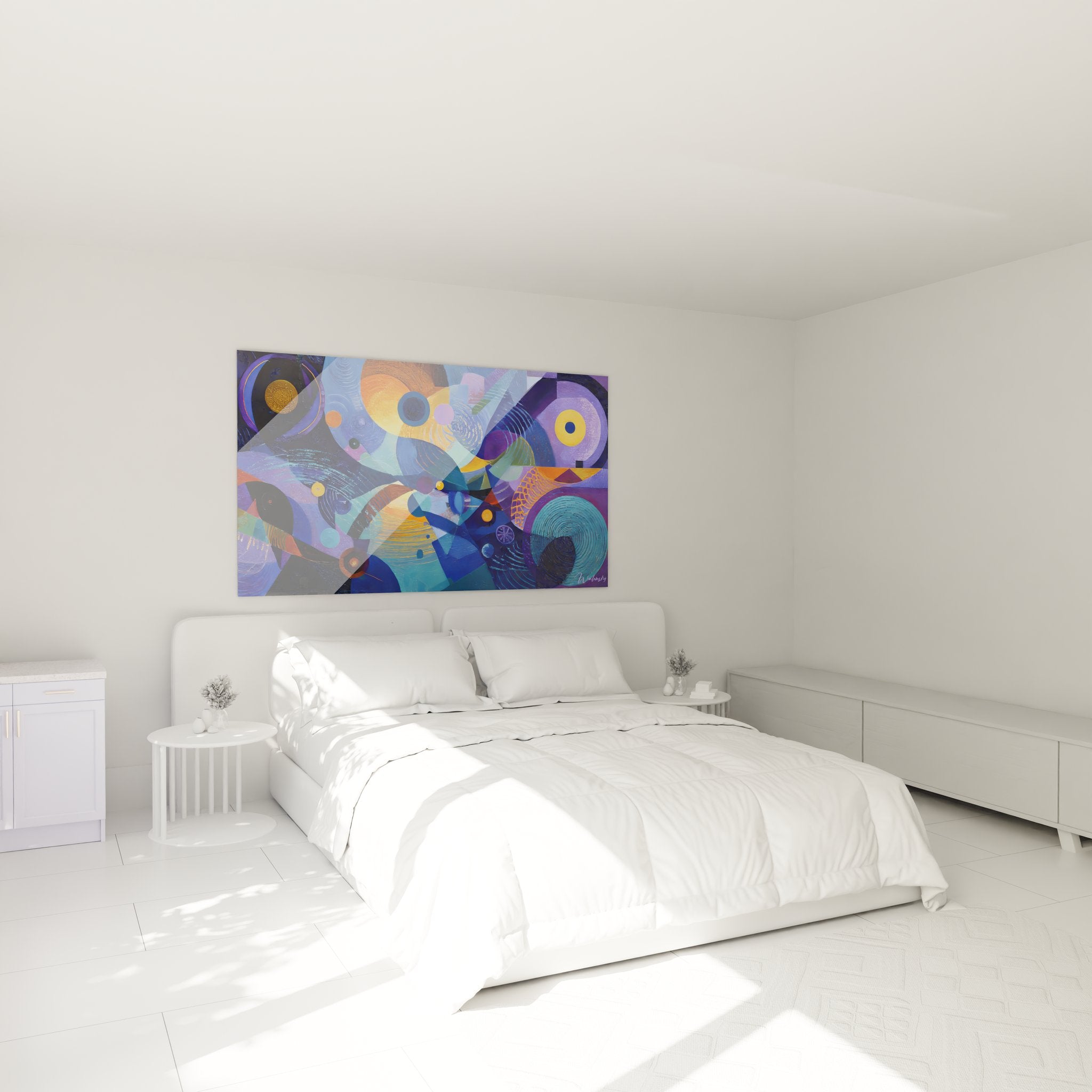 Décoration chambre avec tableau abstrait futuriste aux motifs géométriques circulaires modernes