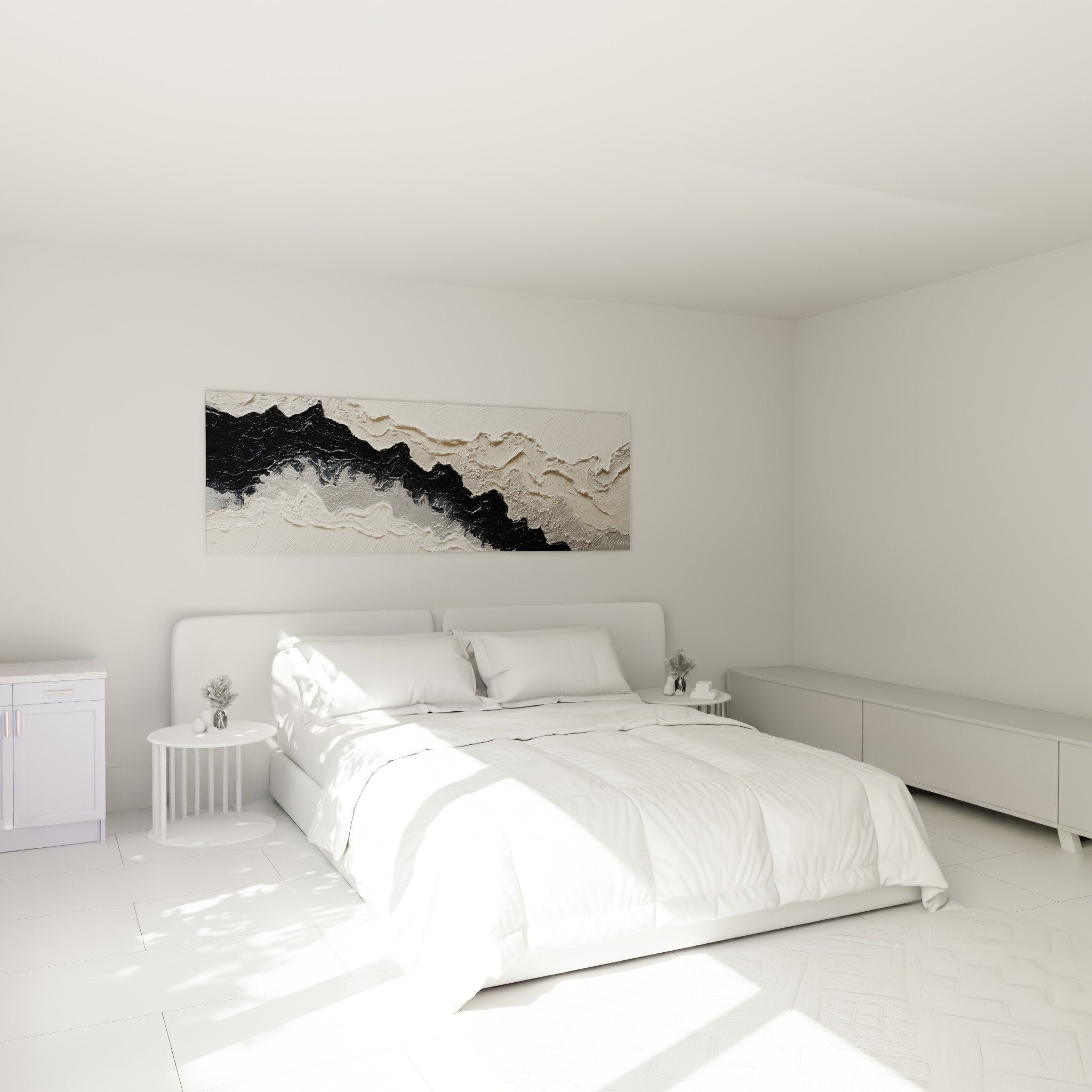 decoration chambre tableau abstrait noir beige textures sculpturales ambiance moderne apaisante minimaliste