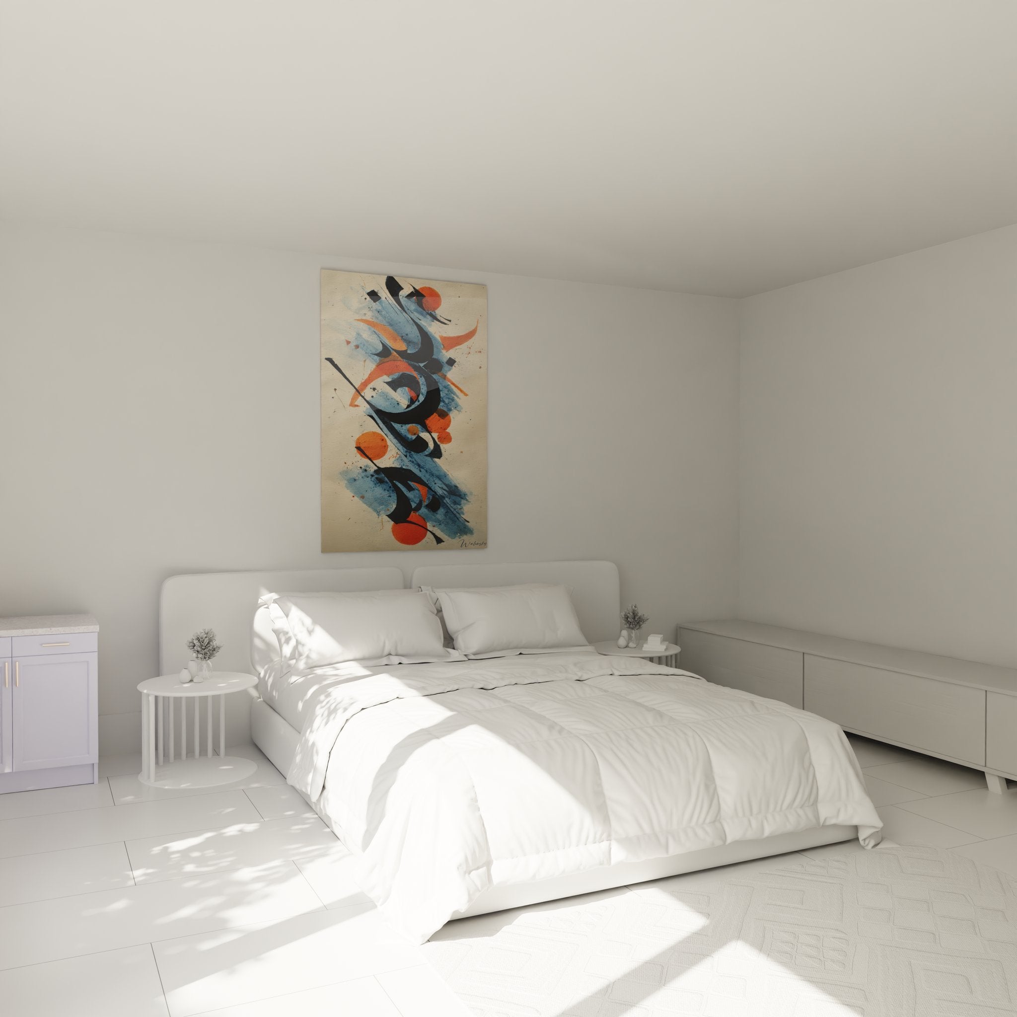 Décoration chambre avec tableau abstrait aux formes organiques noires et orange dans ambiance moderne