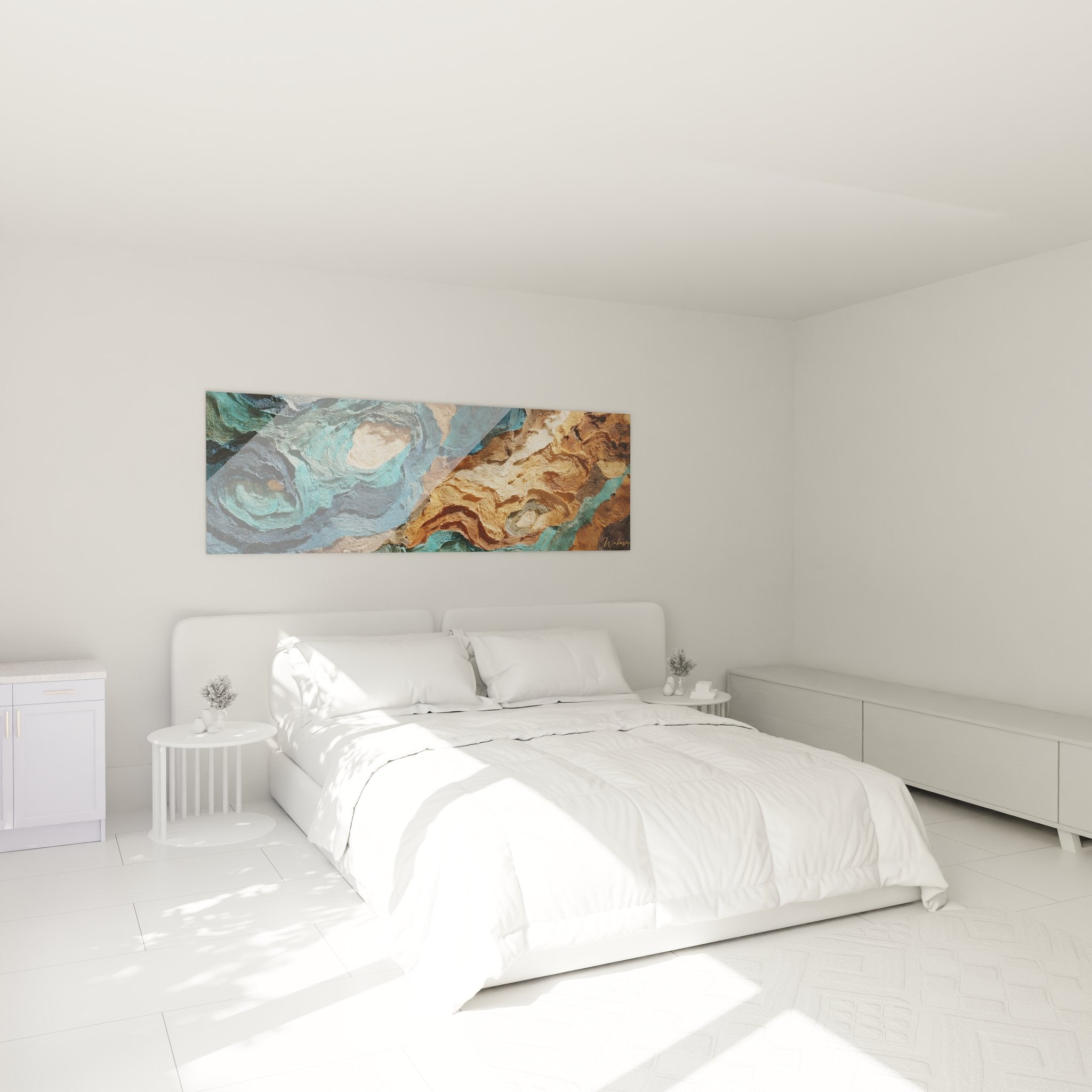Décoration chambre avec tableau abstrait vagues océaniques turquoise bronze ambiance moderne