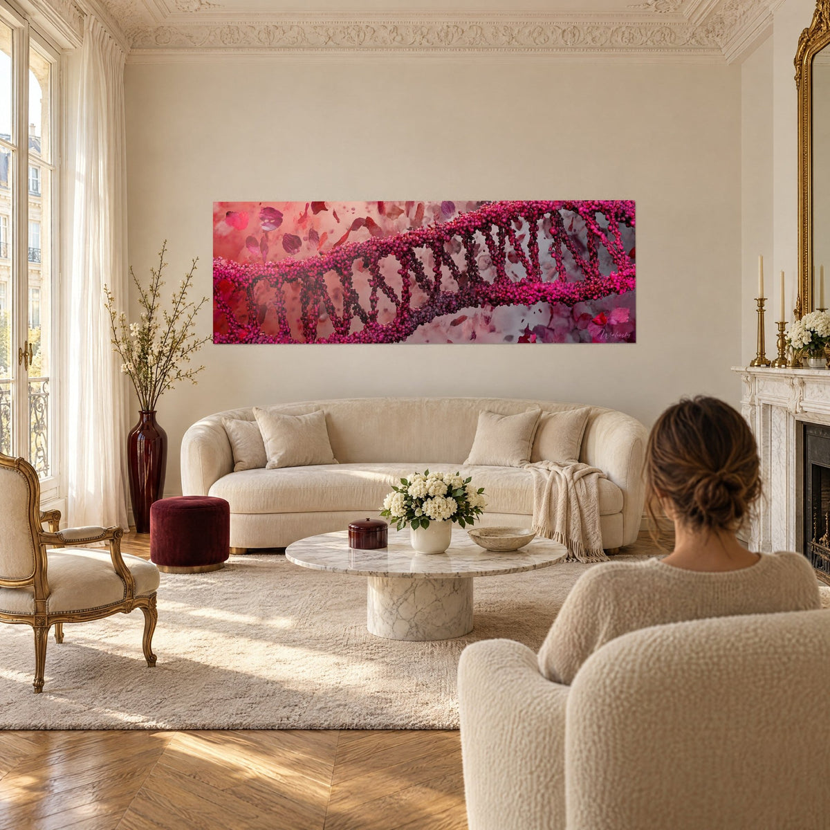 Tableau double hélice d'ADN en billes magenta et rose poudré, pétales flottants, au-dessus d'un canapé dans un salon lumineux