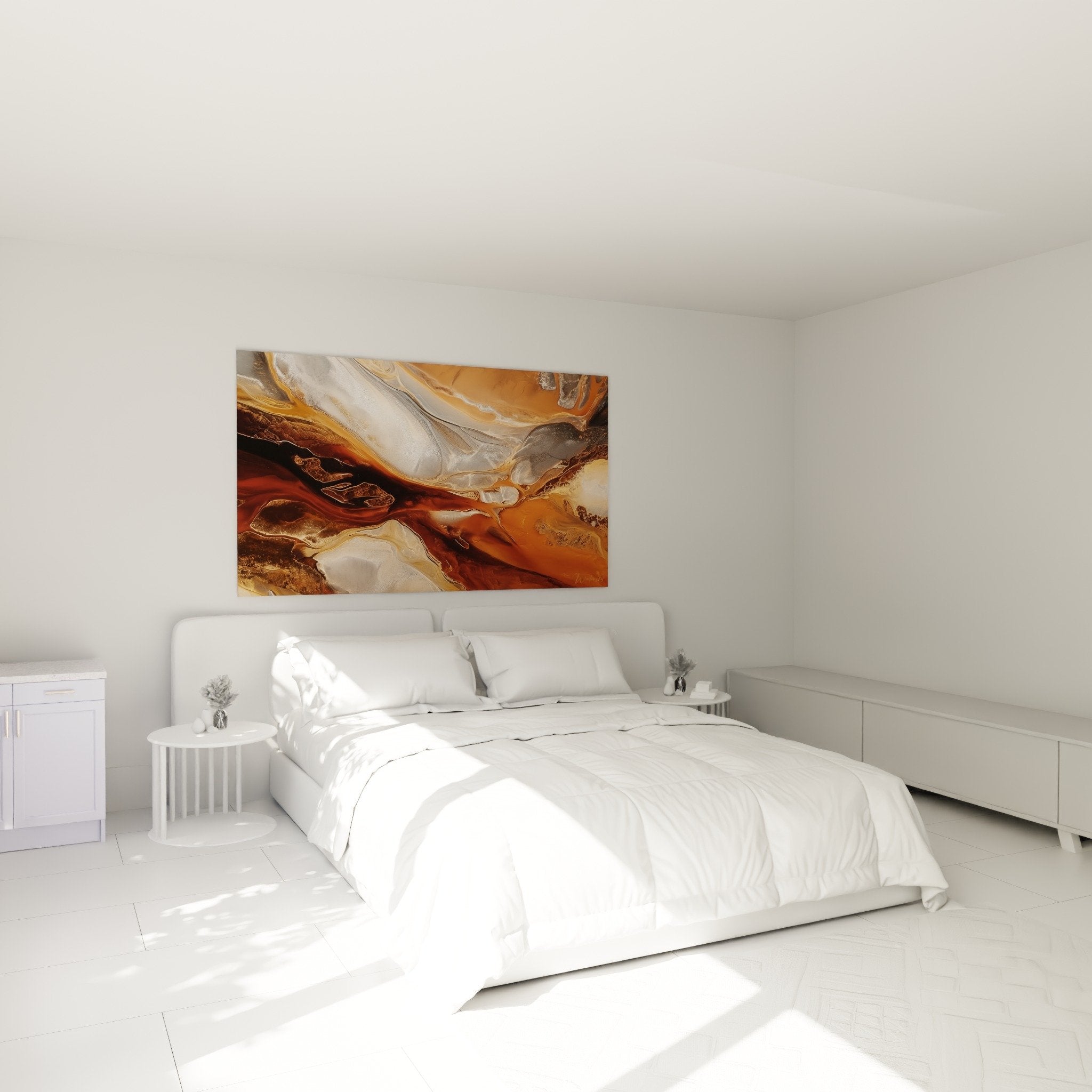 Décoration murale chambre avec tableau africain abstrait tons ocres et cuivrés au-dessus du lit