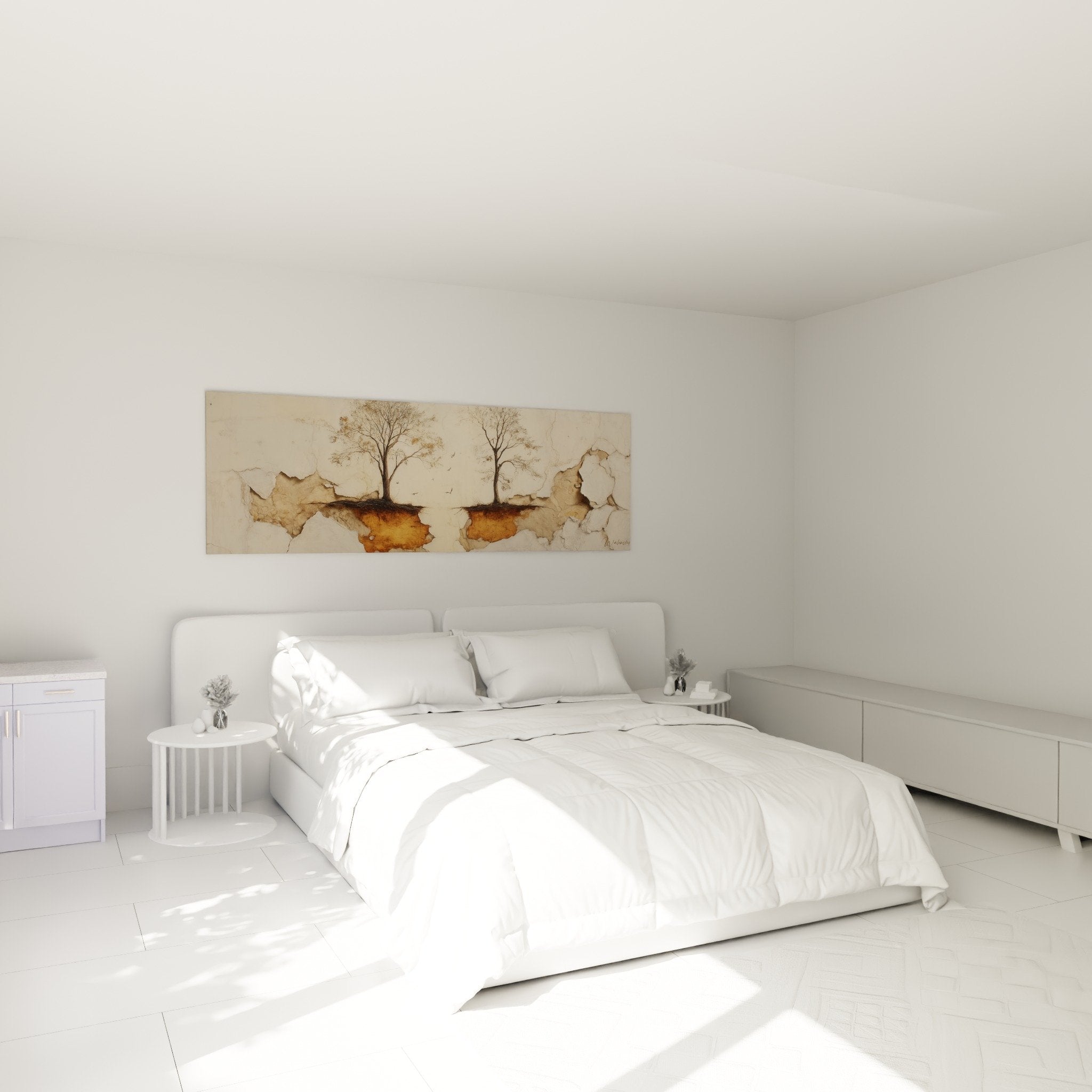 Décoration chambre tableau arbres beige feng shui ambiance zen apaisante
