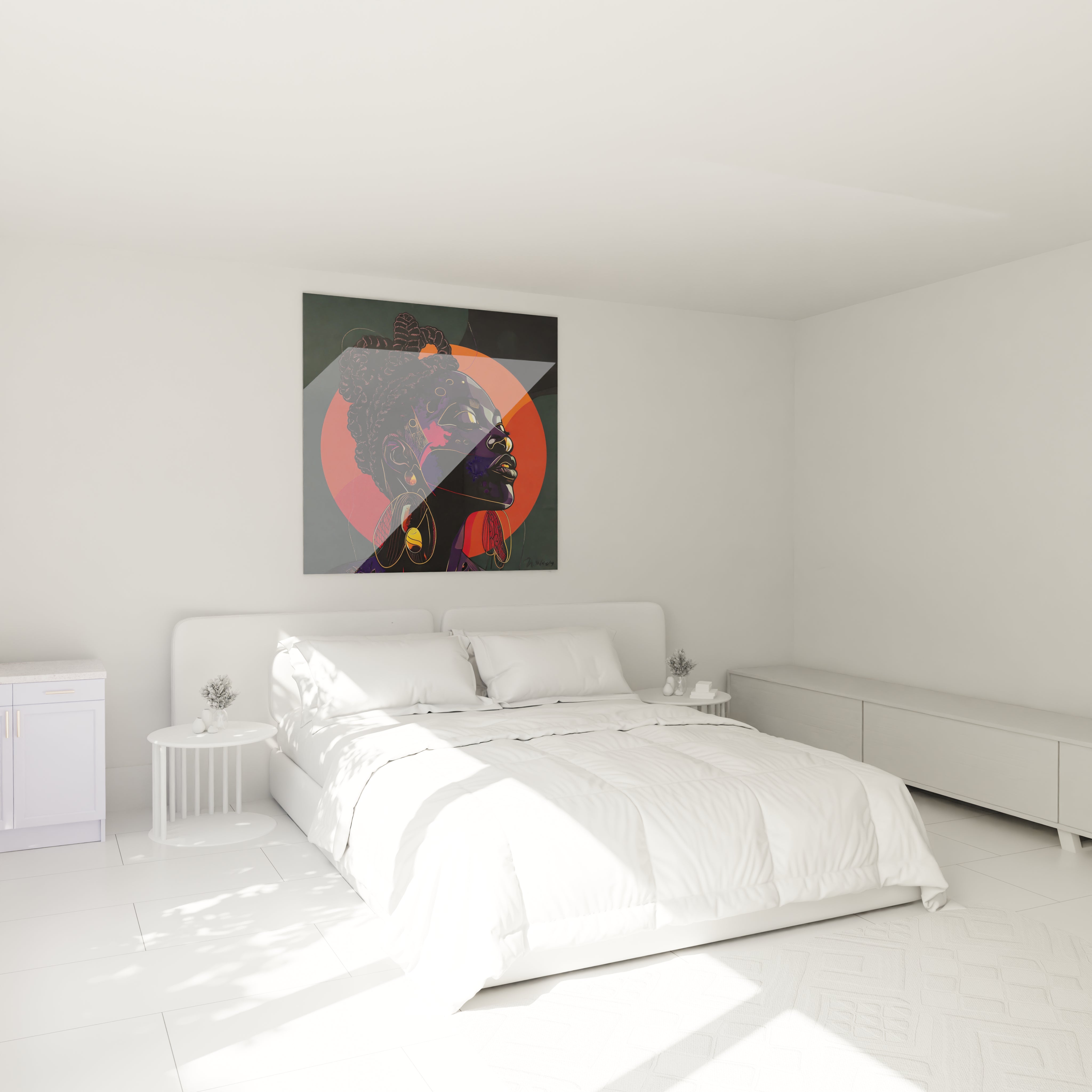 Tableau africain mural Walensky représentant un portrait coloré de femme afro dans une chambre minimaliste blanche