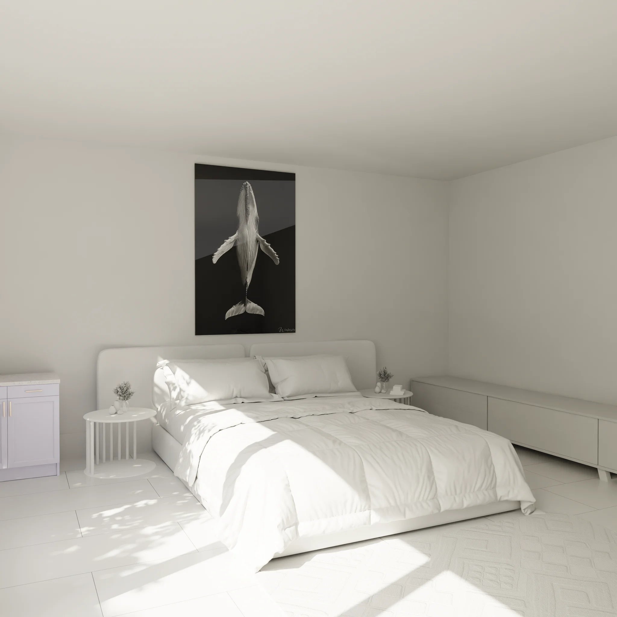 Décoration chambre avec tableau baleine noir et blanc, ambiance marine apaisante