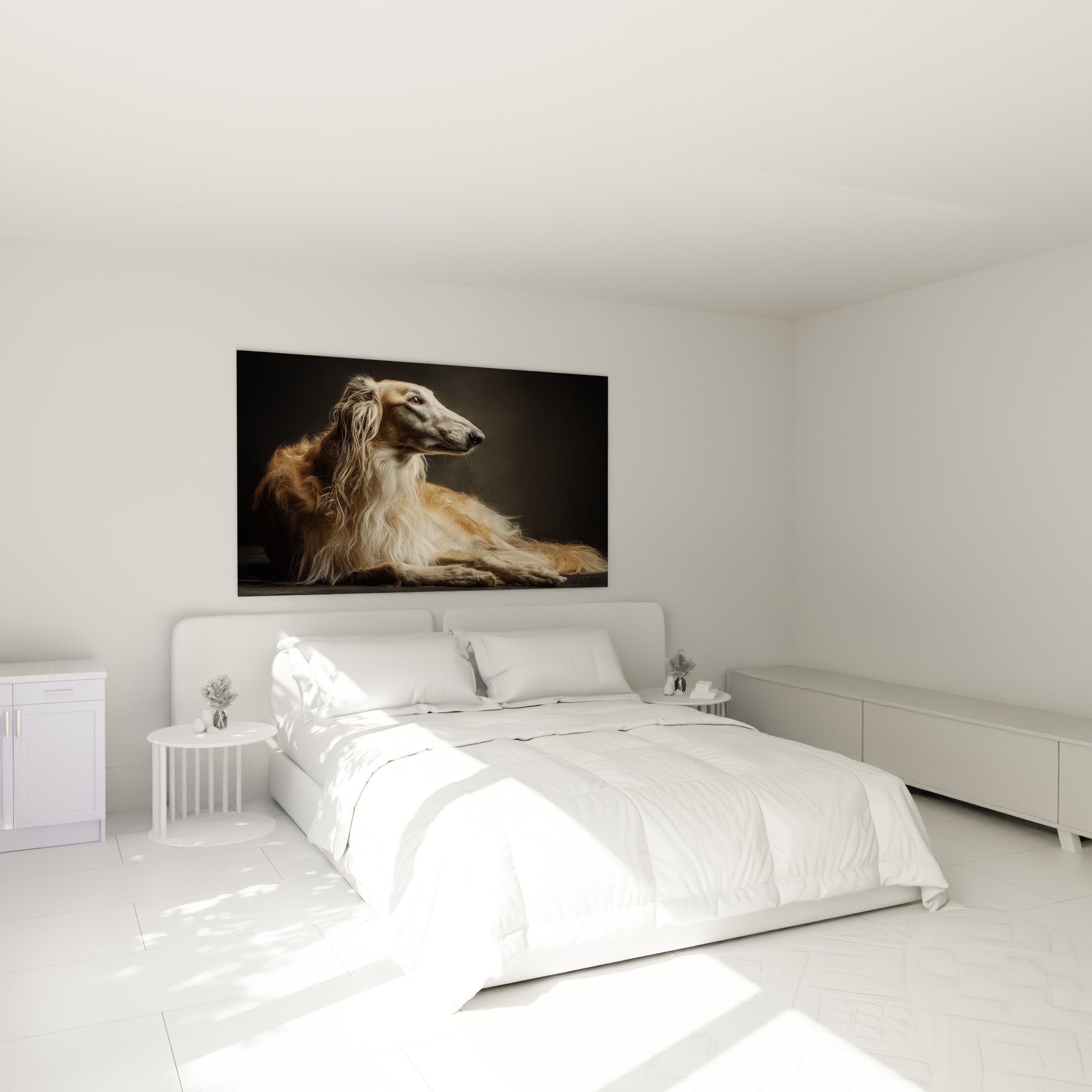 Tableau Barzoi noble installé dans chambre moderne aux tons neutres et apaisants