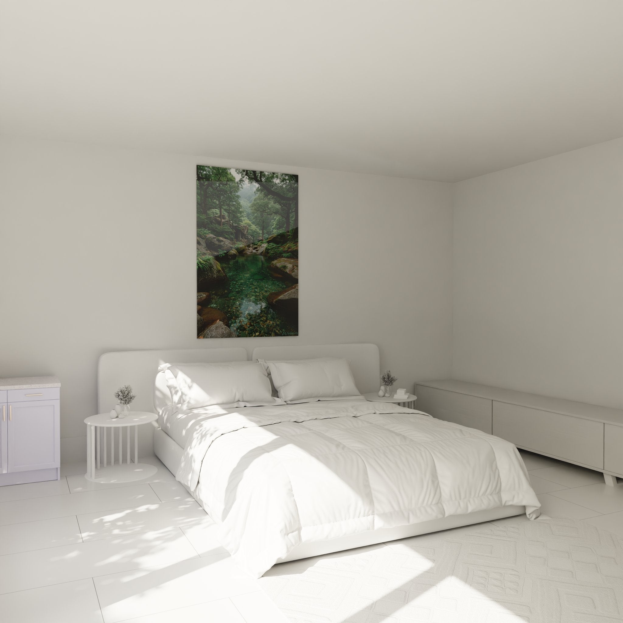 Décoration chambre avec tableau bassin naturel forêt créant ambiance zen et apaisante dans intérieur moderne
