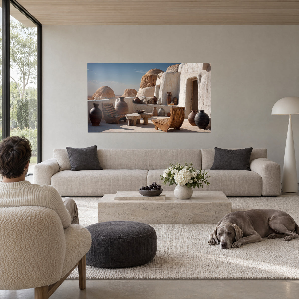 Schilderij Berbers terras met witgekalkte muren, bruine kruiken en houten fauteuils onder een blauwe lucht, boven een bank in een lichte woonkamer