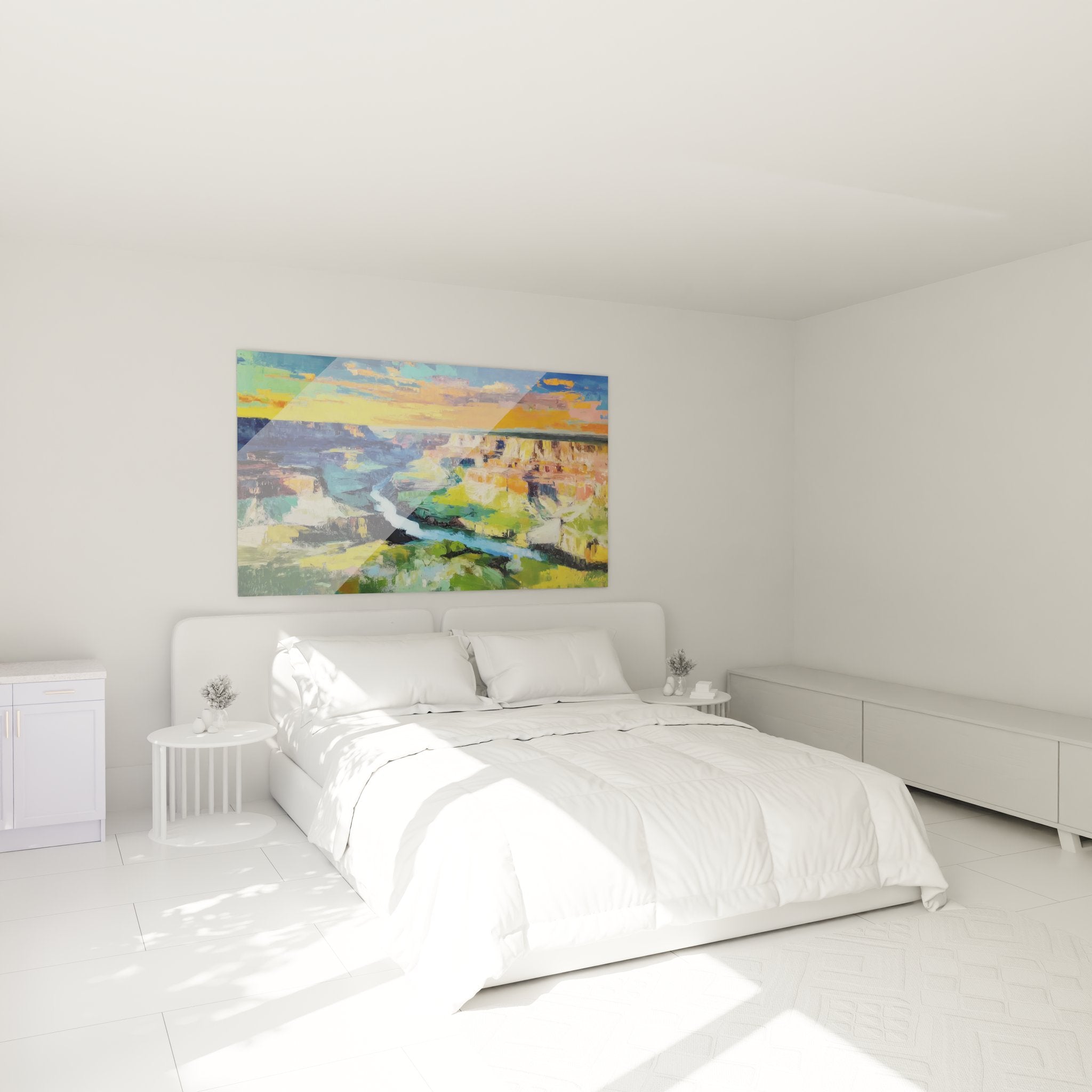 Décoration chambre tableau canyon impressionniste aux tons orangés et verts sur mur moderne