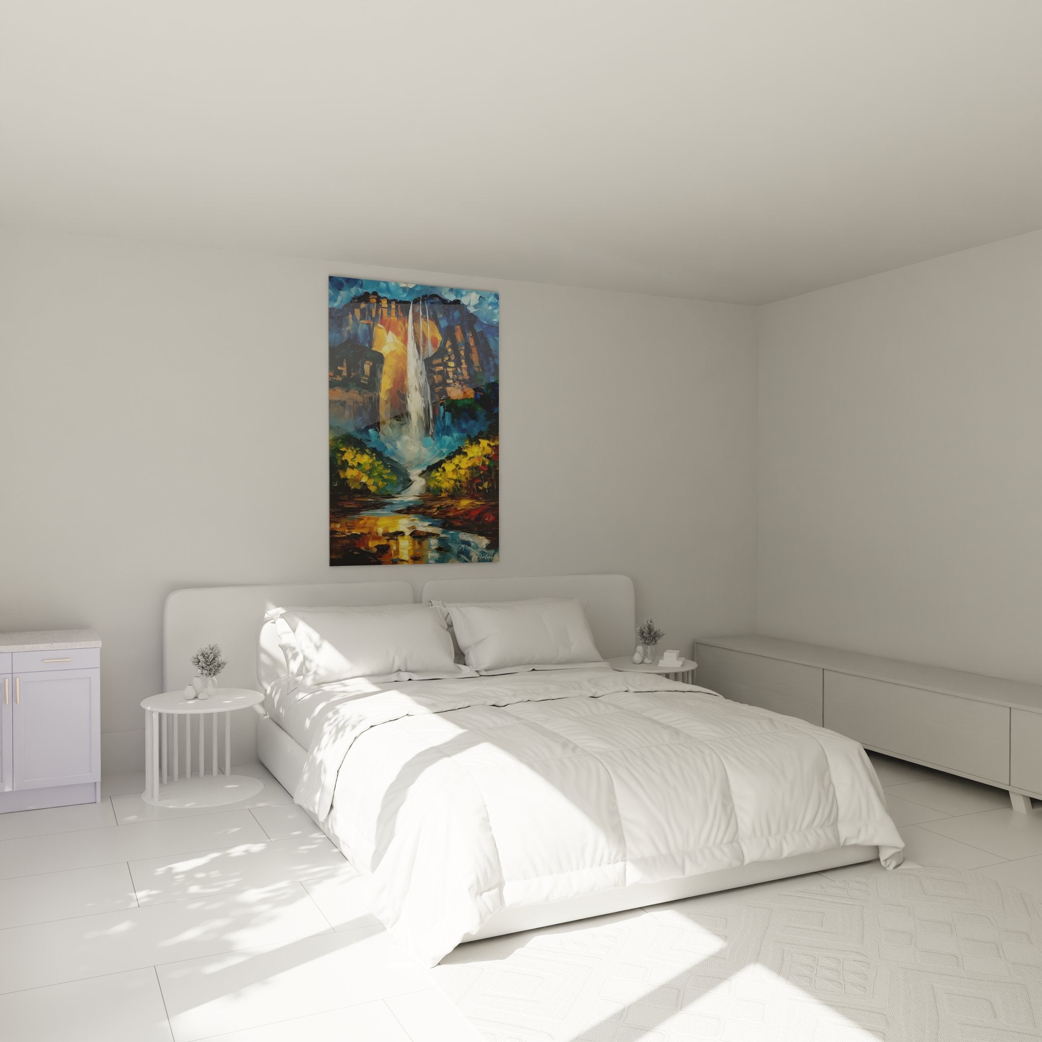 Décoration chambre avec tableau cascade illuminée créant ambiance nature apaisante et moderne