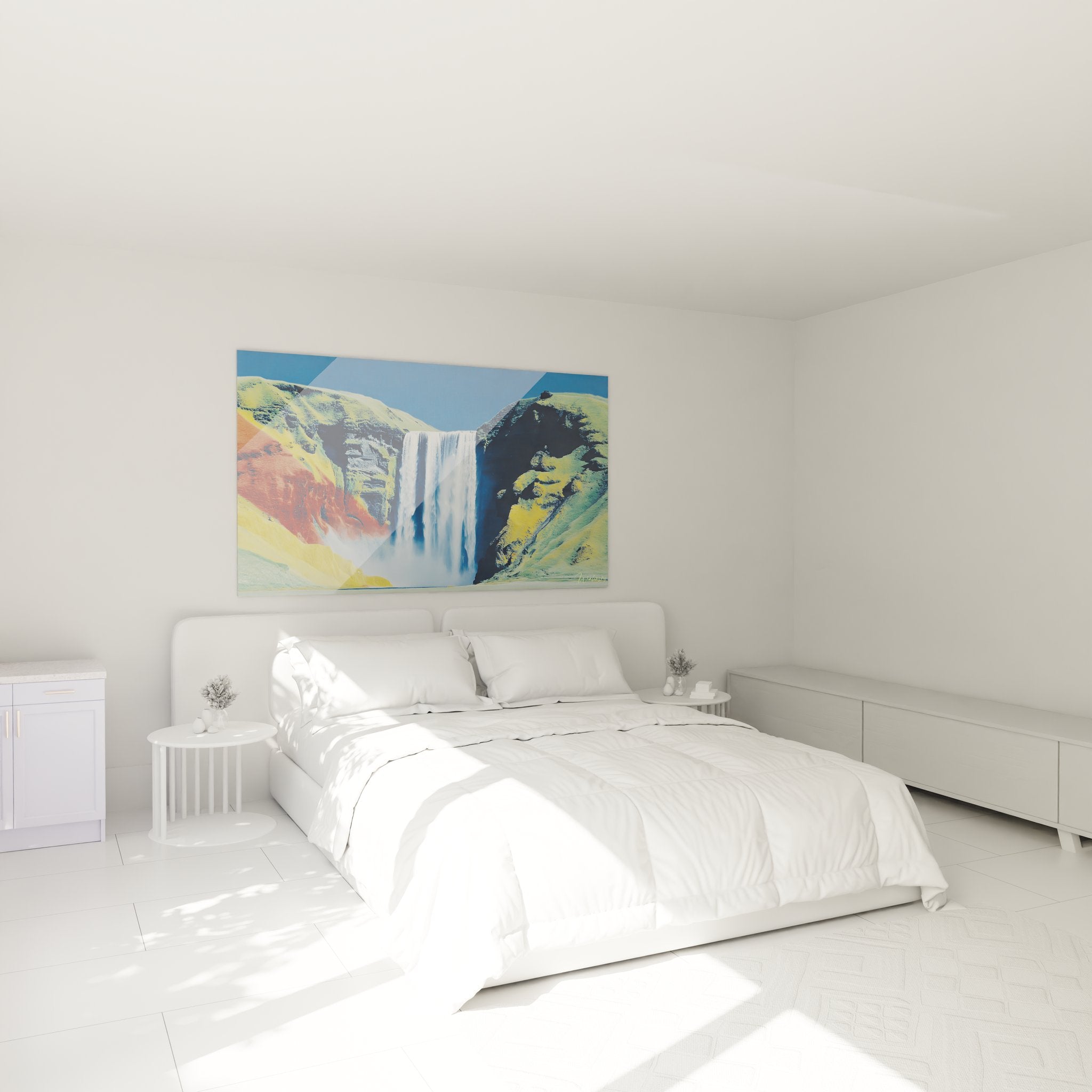 Décoration chambre avec tableau cascade surréaliste coloré style art contemporain mural