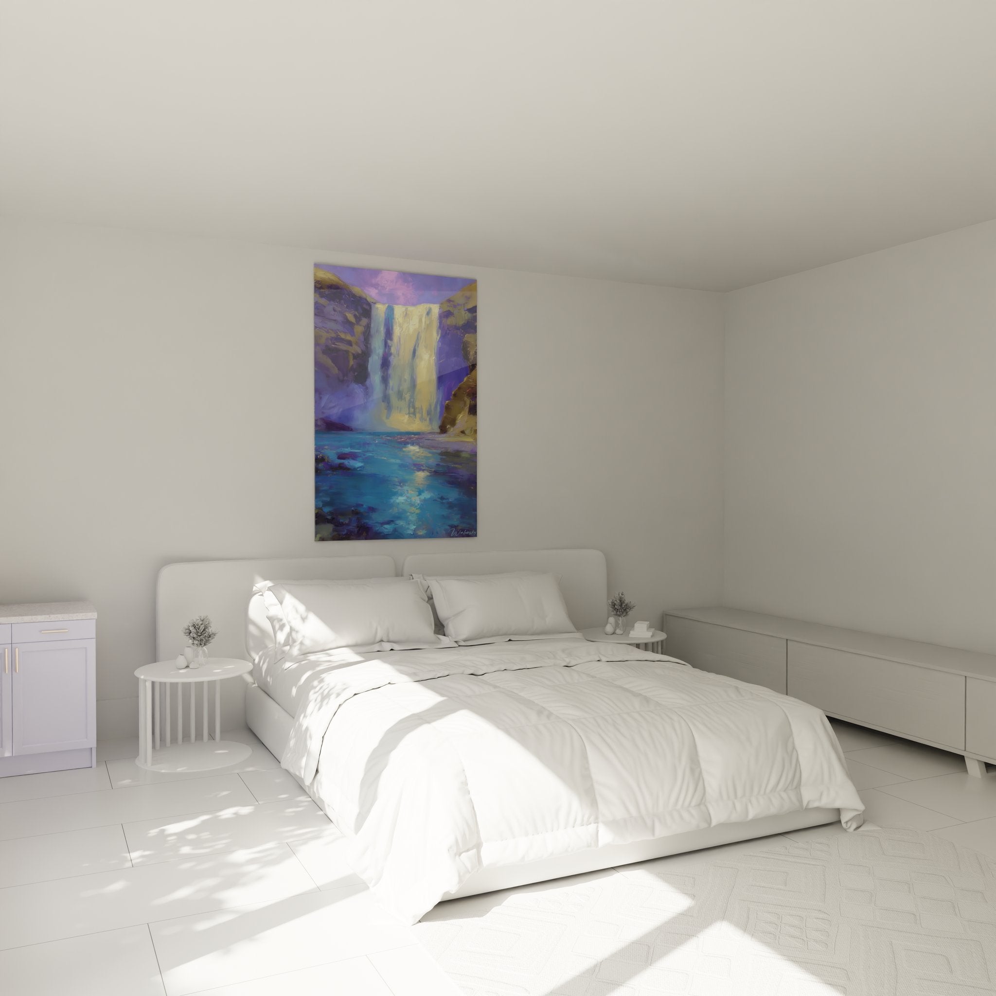 Décoration chambre avec tableau mural cascade aux tons violets dans ambiance cosy