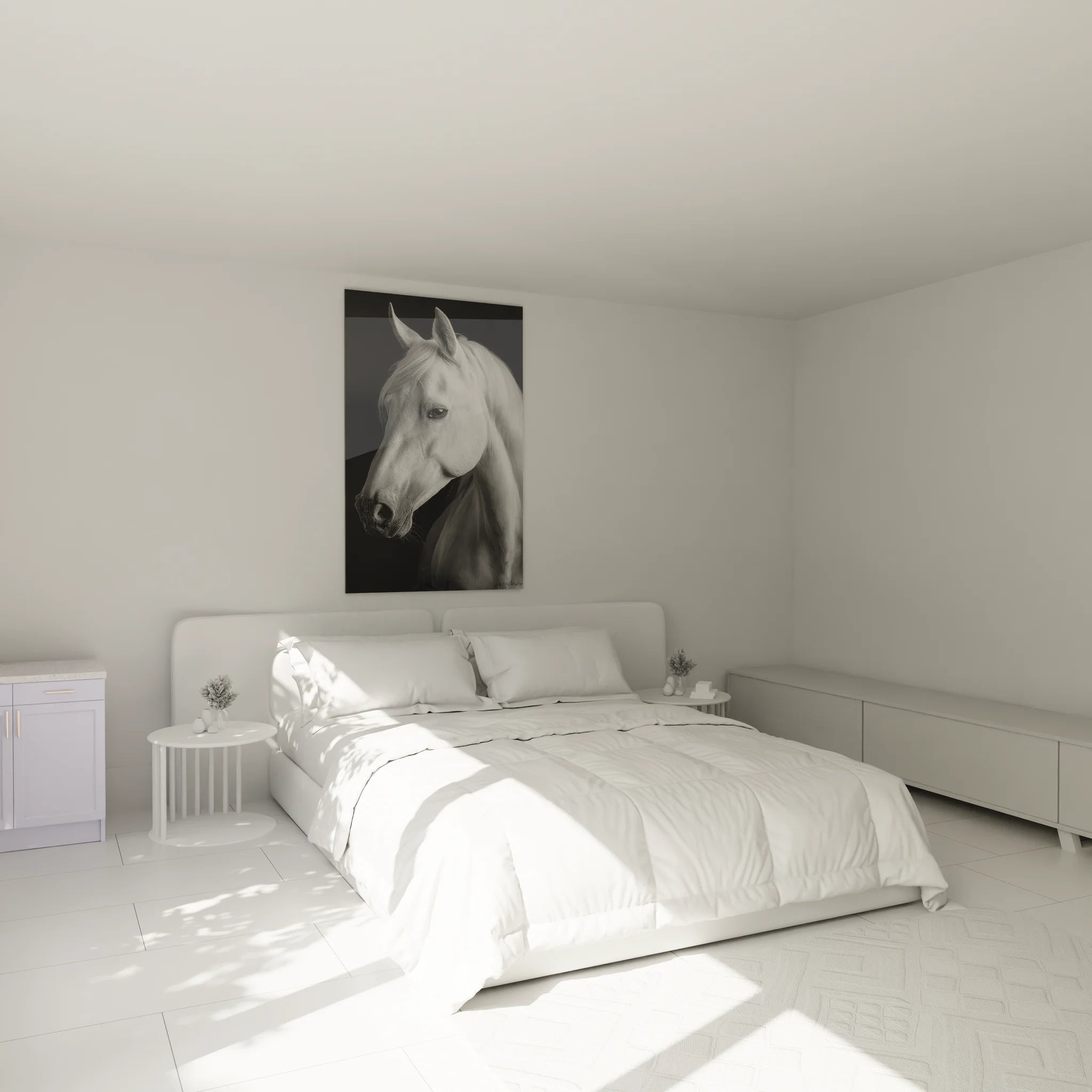 Décoration chambre tableau cheval blanc noir et blanc ambiance zen moderne