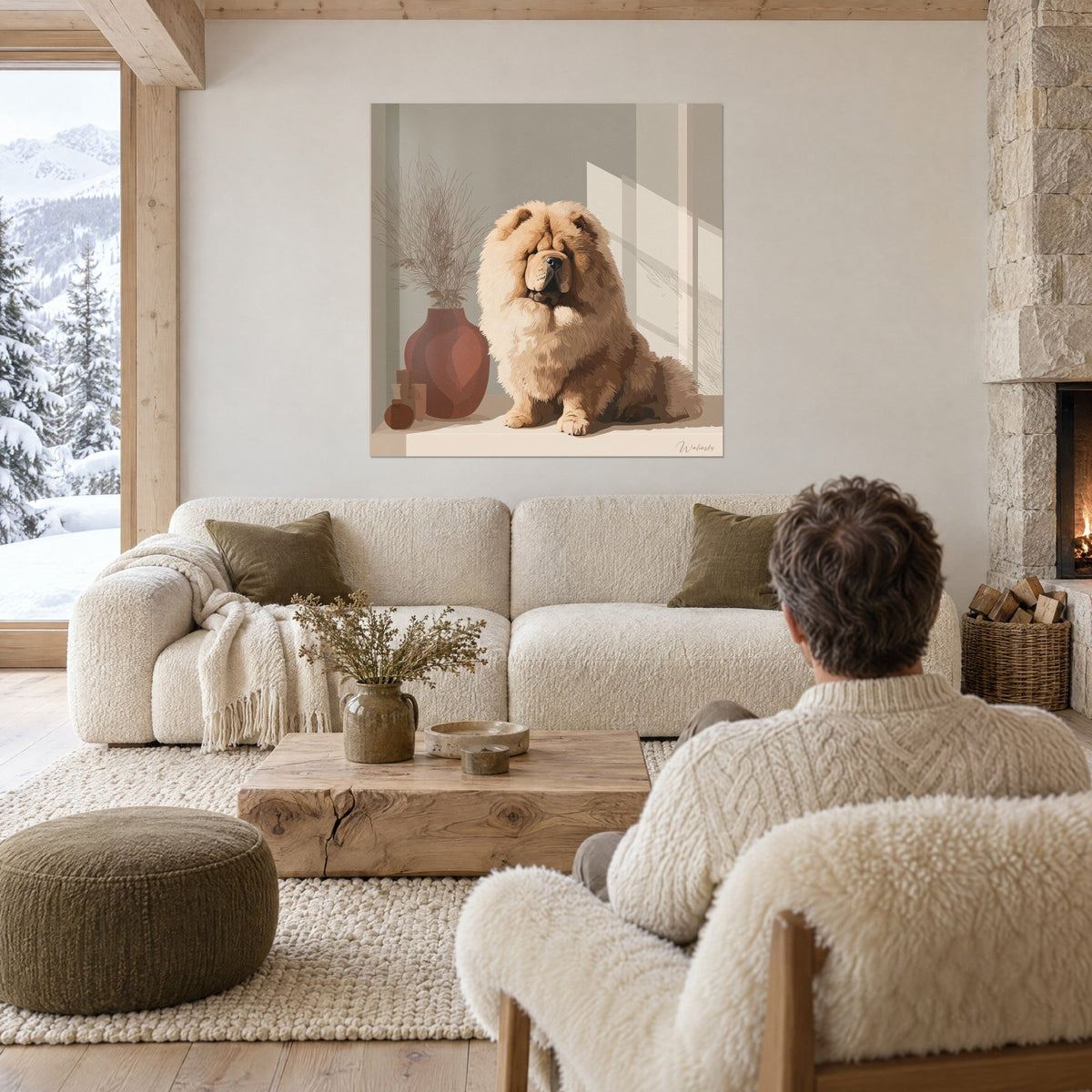 Gemälde Chow-Chow in Cremeweiß mit dichtem Fell, Terrakotta-Vase und trockene Zweige, über einem Sofa in einem hellen Wohnzimmer