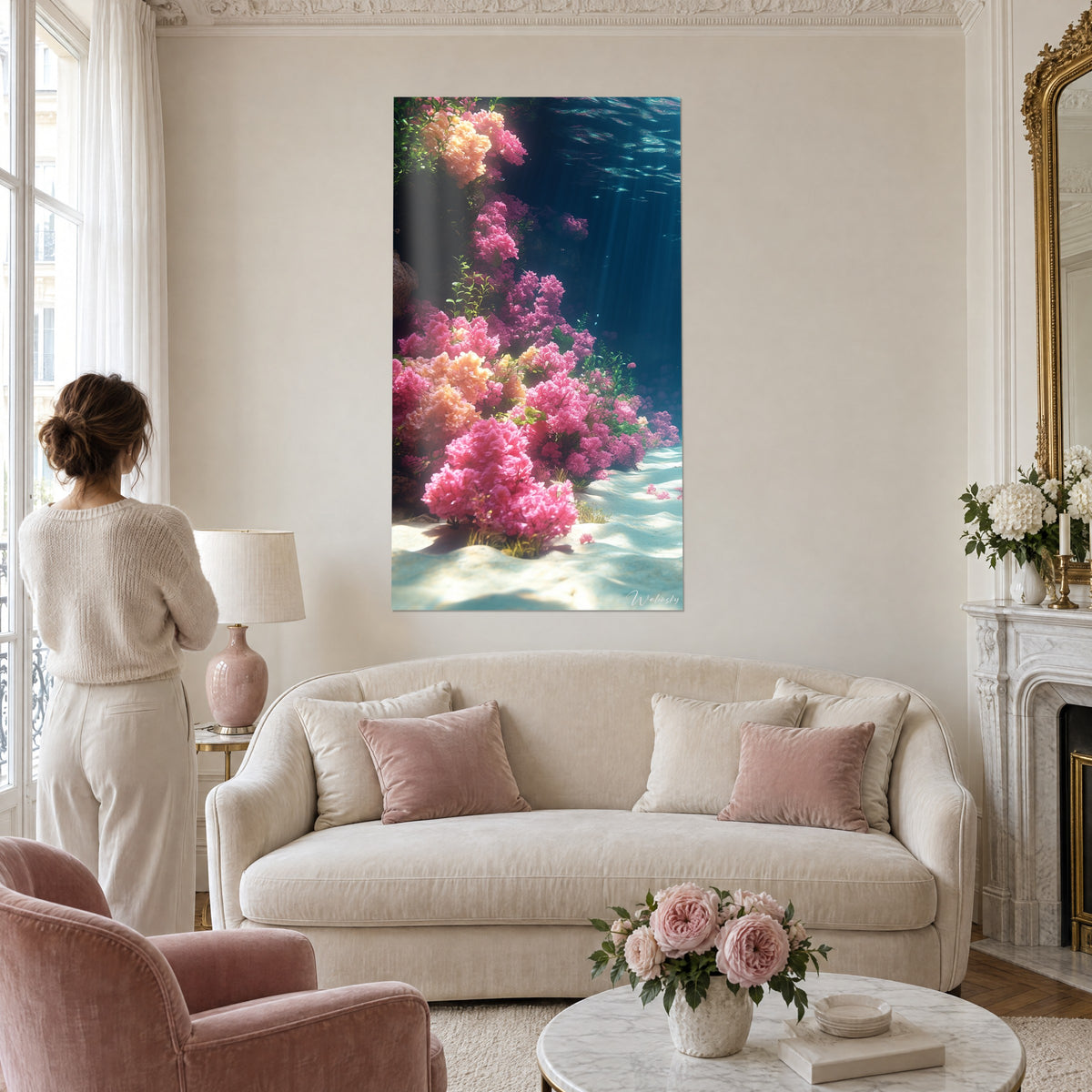 Schilderij koraaltuin in fuchsiaroze en abrikoos onder turquoise lichtstralen, van achteren gezien, boven een bank in een lichte woonkamer