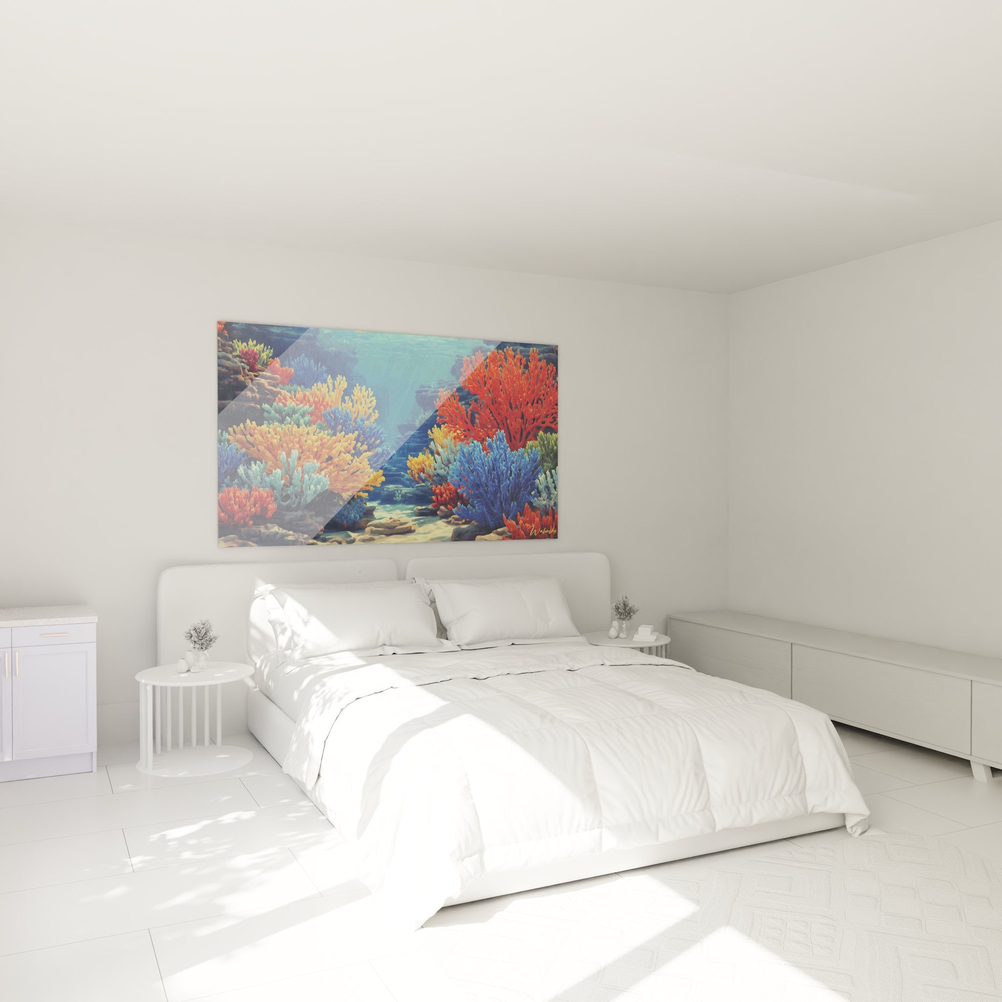 Décoration chambre avec tableau récif corallien multicolore créant ambiance marine apaisante