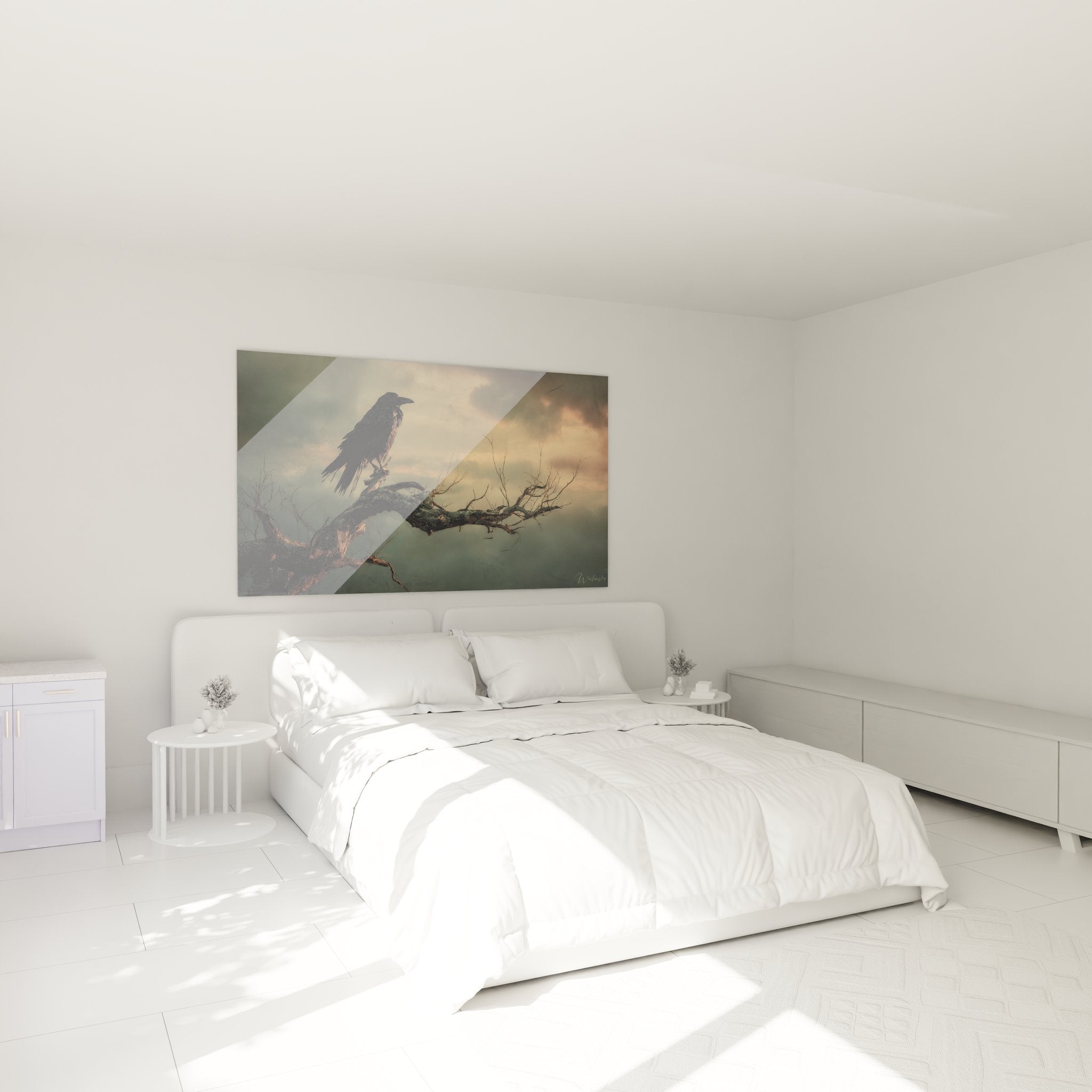 Décoration chambre avec tableau corbeau crépuscule créant ambiance mystique et apaisante