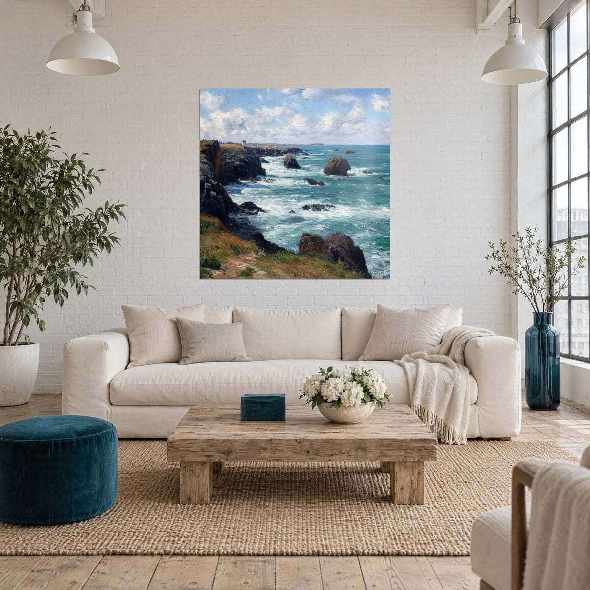 Tableau falaise bretonne battue par les vagues, mer turquoise et écume blanche, rochers noirs au-dessus d'un canapé dans un salon lumineux