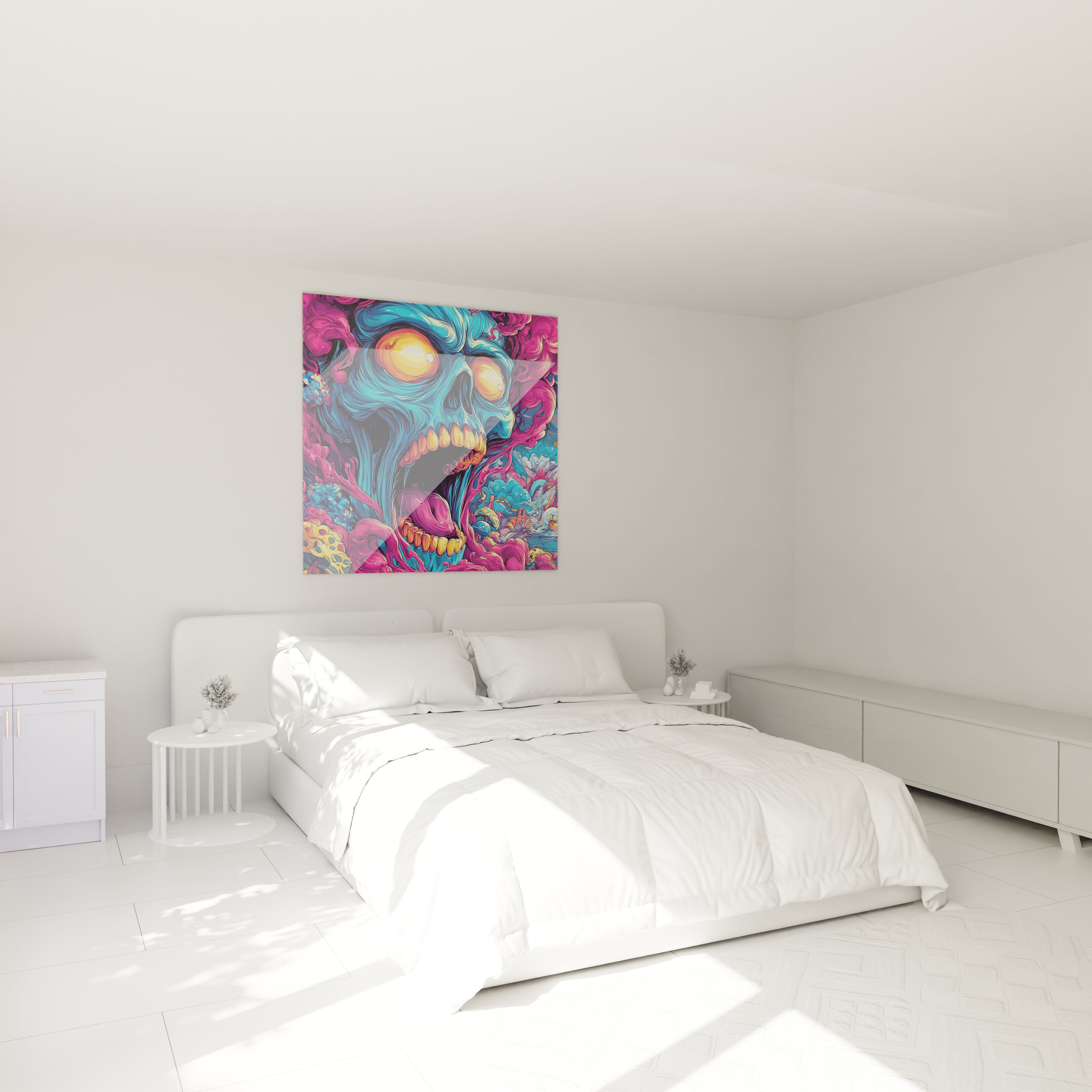 Décoration chambre avec tableau crâne psychédélique coloré, ambiance moderne et artistique pour intérieur contemporain