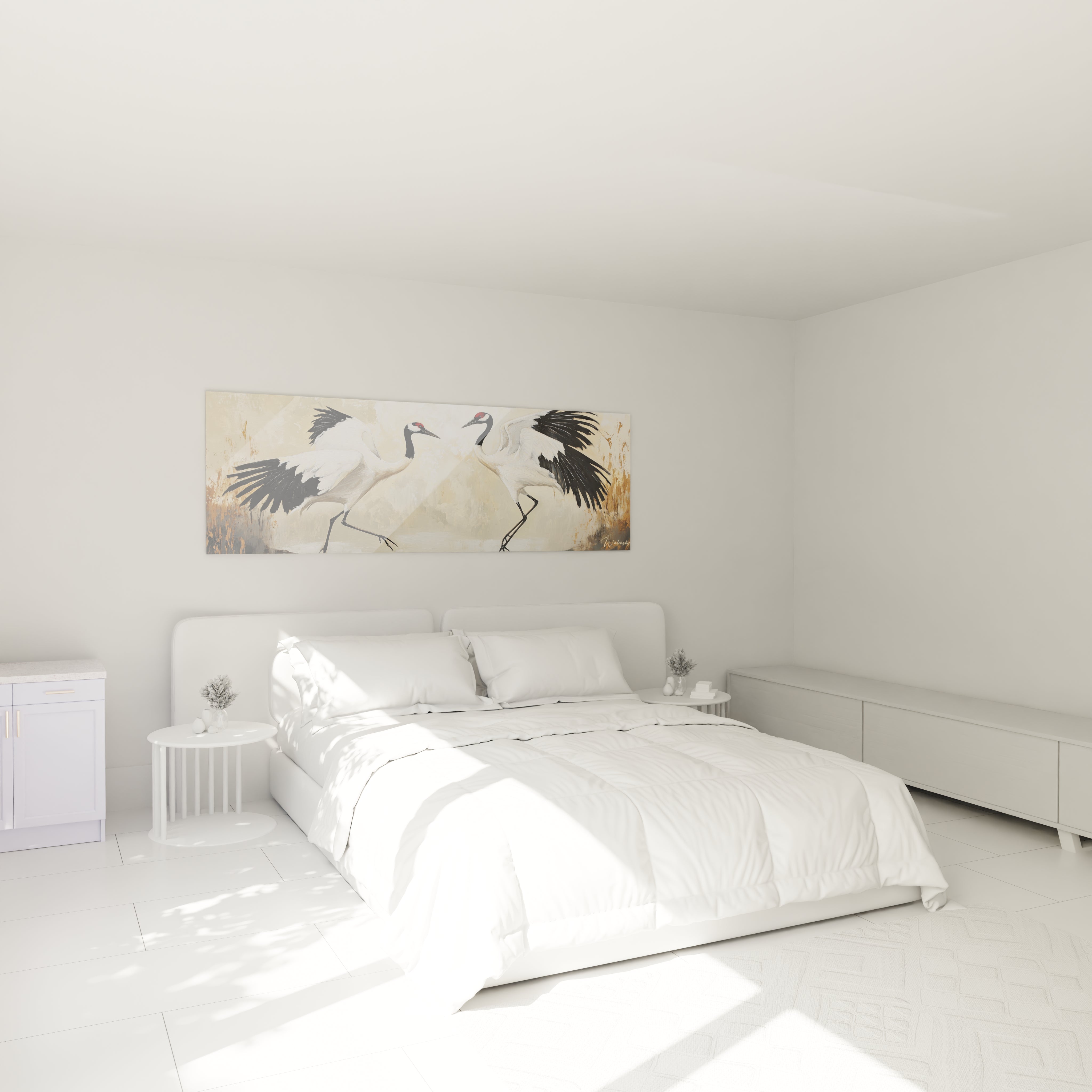 Tableau grue Walensky décoratif avec deux grues dans une chambre moderne blanche