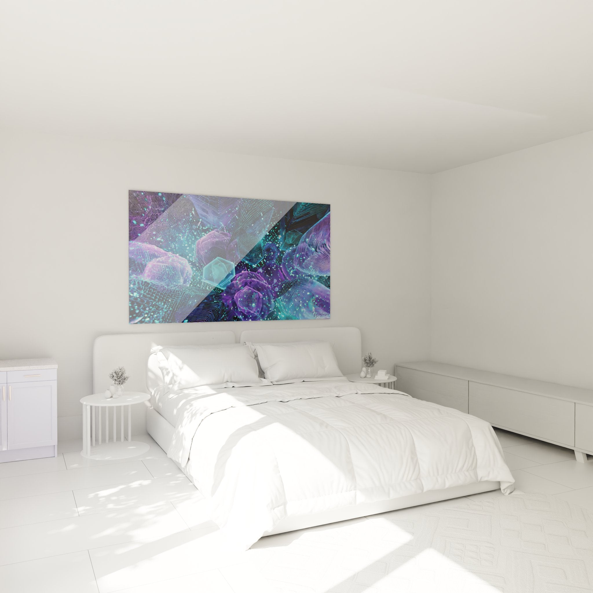 Décoration chambre avec tableau cristaux numériques violets, ambiance futuriste moderne